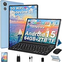 10 Inch AI Android Tablet 15 Tablets with 30GB RAM+64GB ROM (TF 2TB), 5G+2.4G WiFi, Octa-Core 2.0 GHz, Widevine L1, Bluetooth5.0, GMS Touch Tablet with Keyboard+Mouse and Case (Blue)
