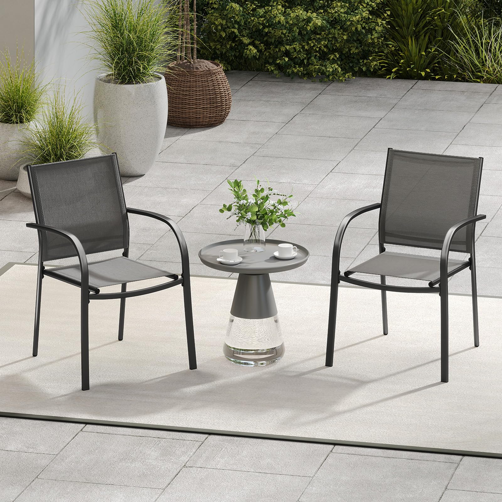 COSTWAY 2 Sillas Jardin Exterior Textilene, Sillas de Comedor Apilables, Marco de Metal, Terraza Balcon Exterior 61 x 58 x 85 cm, Carga 150kg, Café