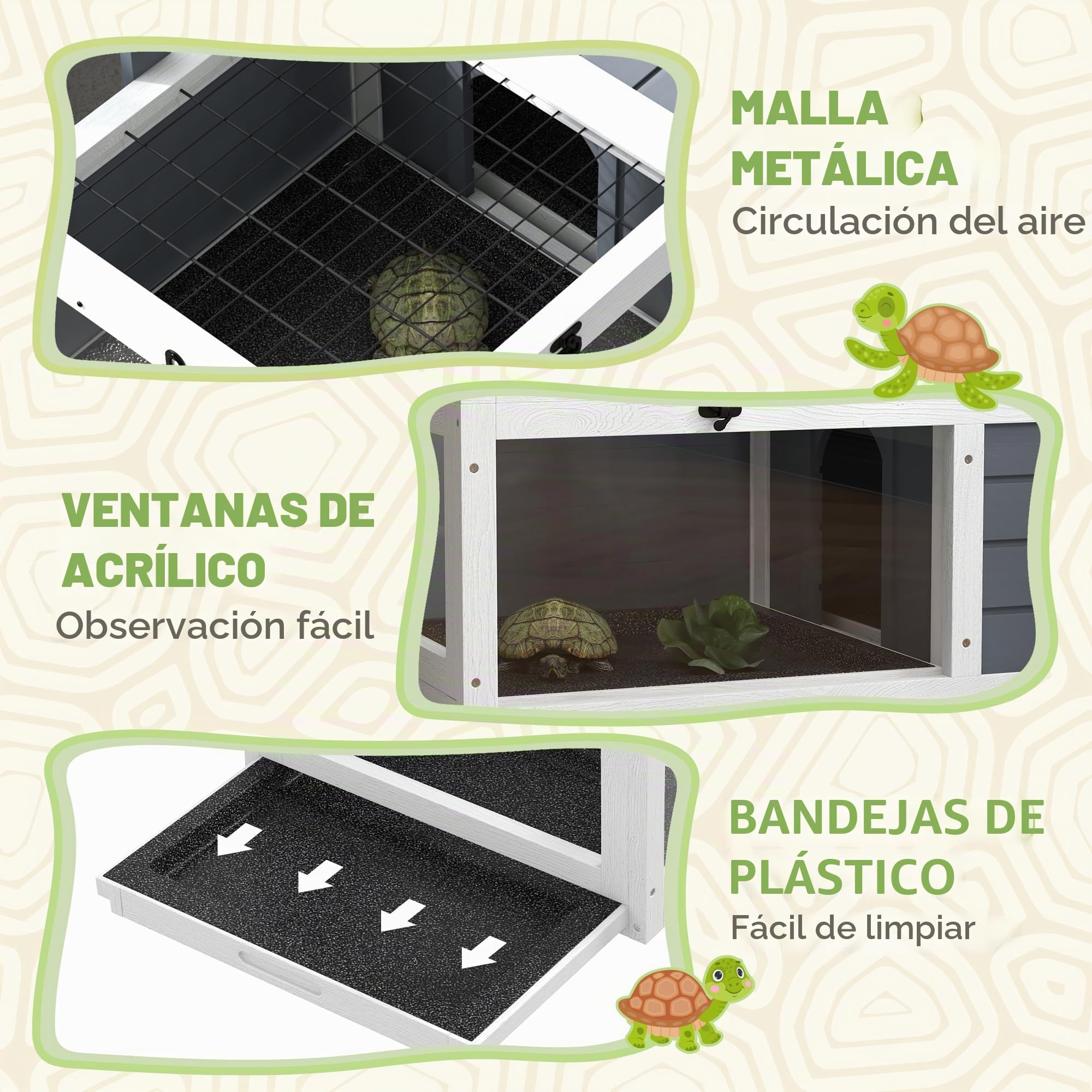 PawHut House - Jaula para tortugas de tamaño pequeño con 2 espacios, portalámparas ajustable, 2 bandejas deslizantes, 81 x 48 x 31,5 cm, madera maciza gris