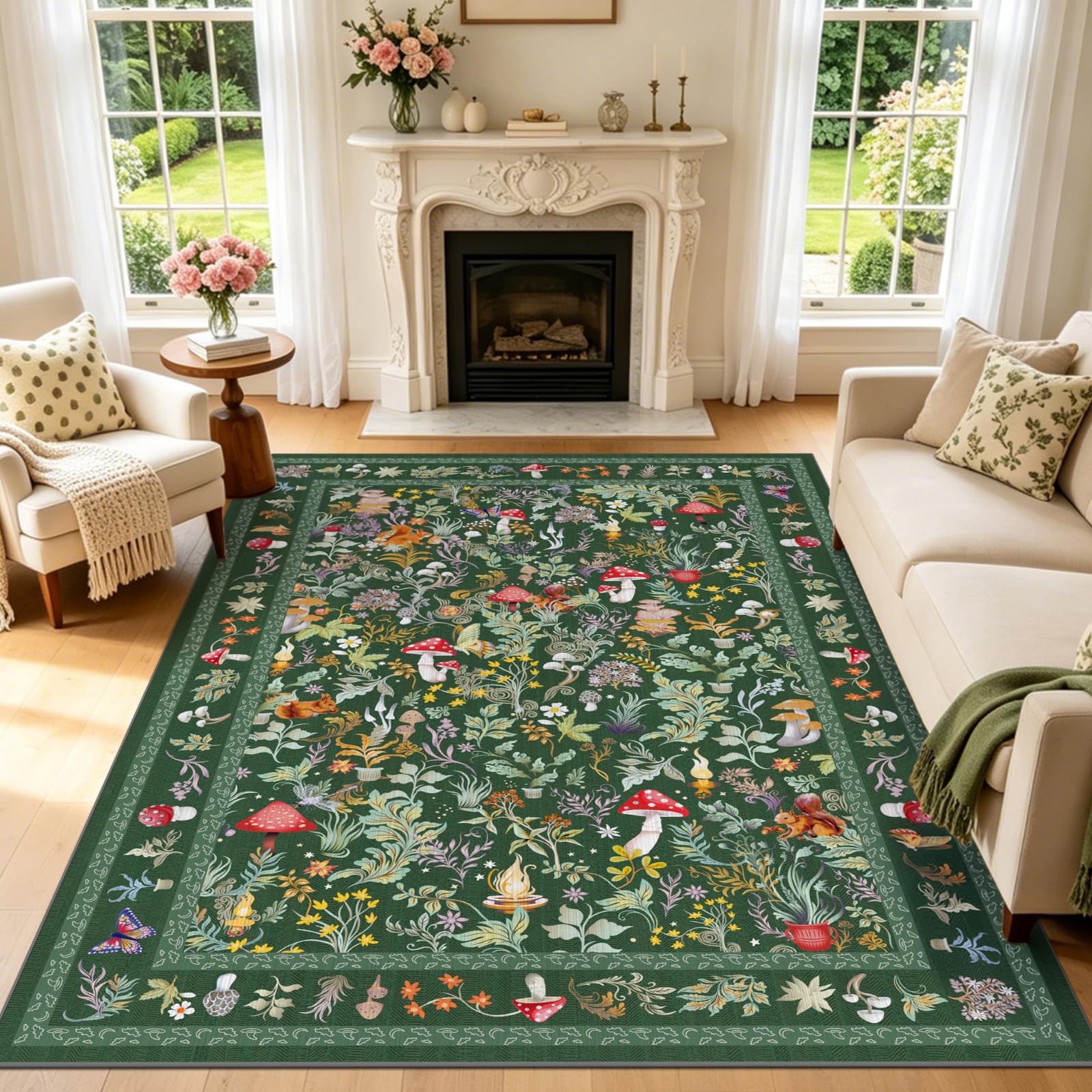 GEANUP Fairytale Washable Rugs Living Room 120x180cm, Green Soft Area Rugs for Bedroom Non-Slip, Short Pile Mushroom Floor Carpet for Kids Playroom Kitchen Dining Room Home Office Studio Nursery