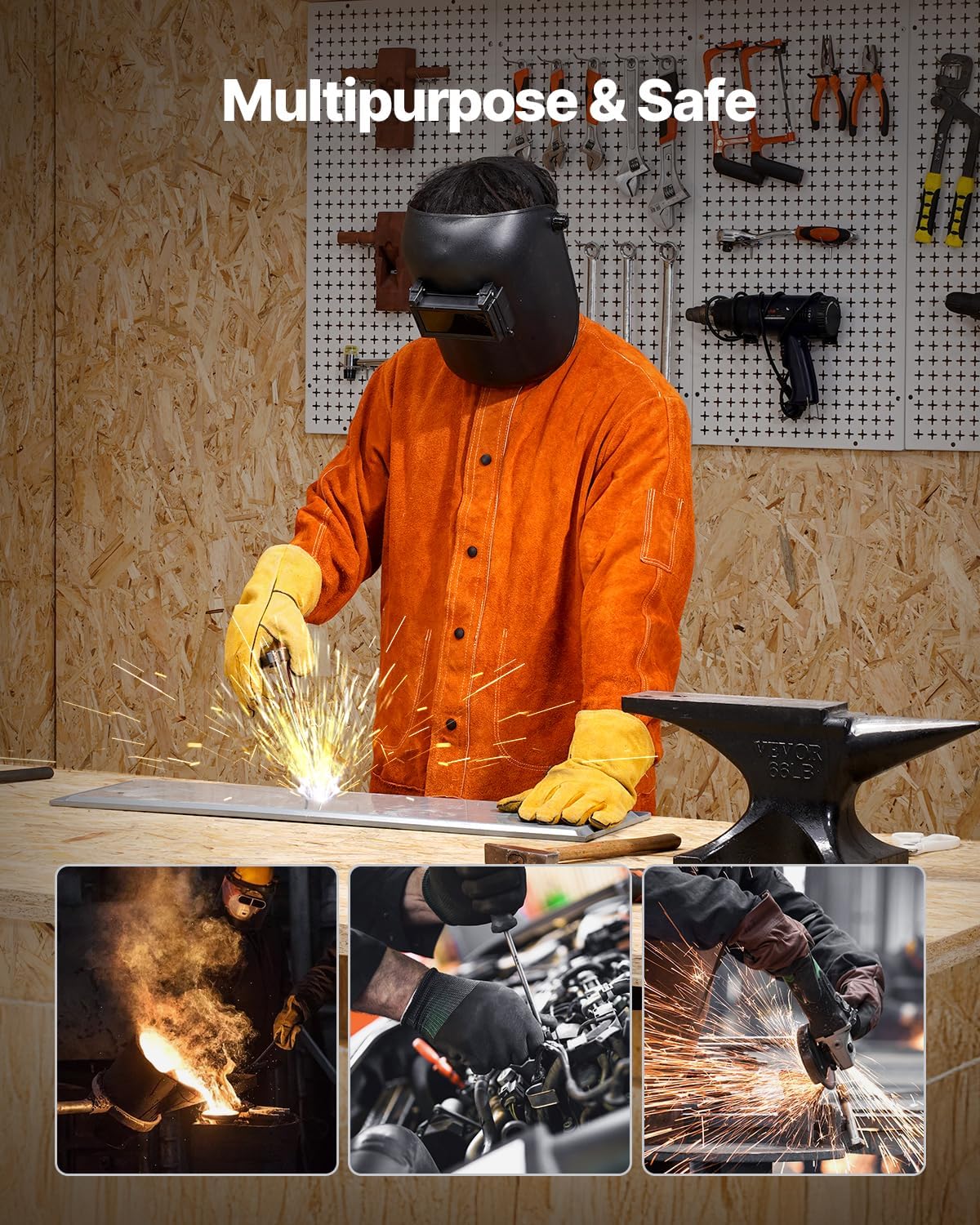 VEVOR Leather Welding Jacket, Heavy Duty Cowhide Flame Resistant Welding Coat, Waterproof Heat-Resistant Safety Jacket with 4 Pockets & Adjustable Cuffs for Welders Steelworks - XL Size
