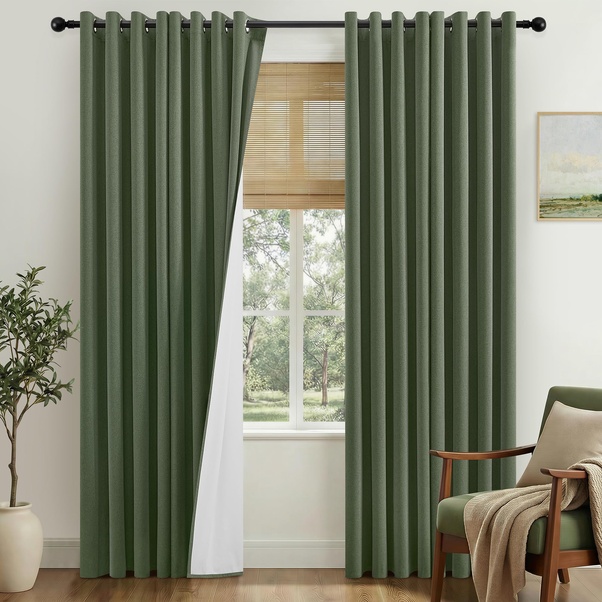 Dark Geen Blackout Curtains for Bedroom Living Room 90 In Drop 2 Panels, Linen Look Thermal Eyelet Curtains for Home Decor, Sounfproof Room Darkening Window Treatments Drape, Olive Green, 52"W x 90"L