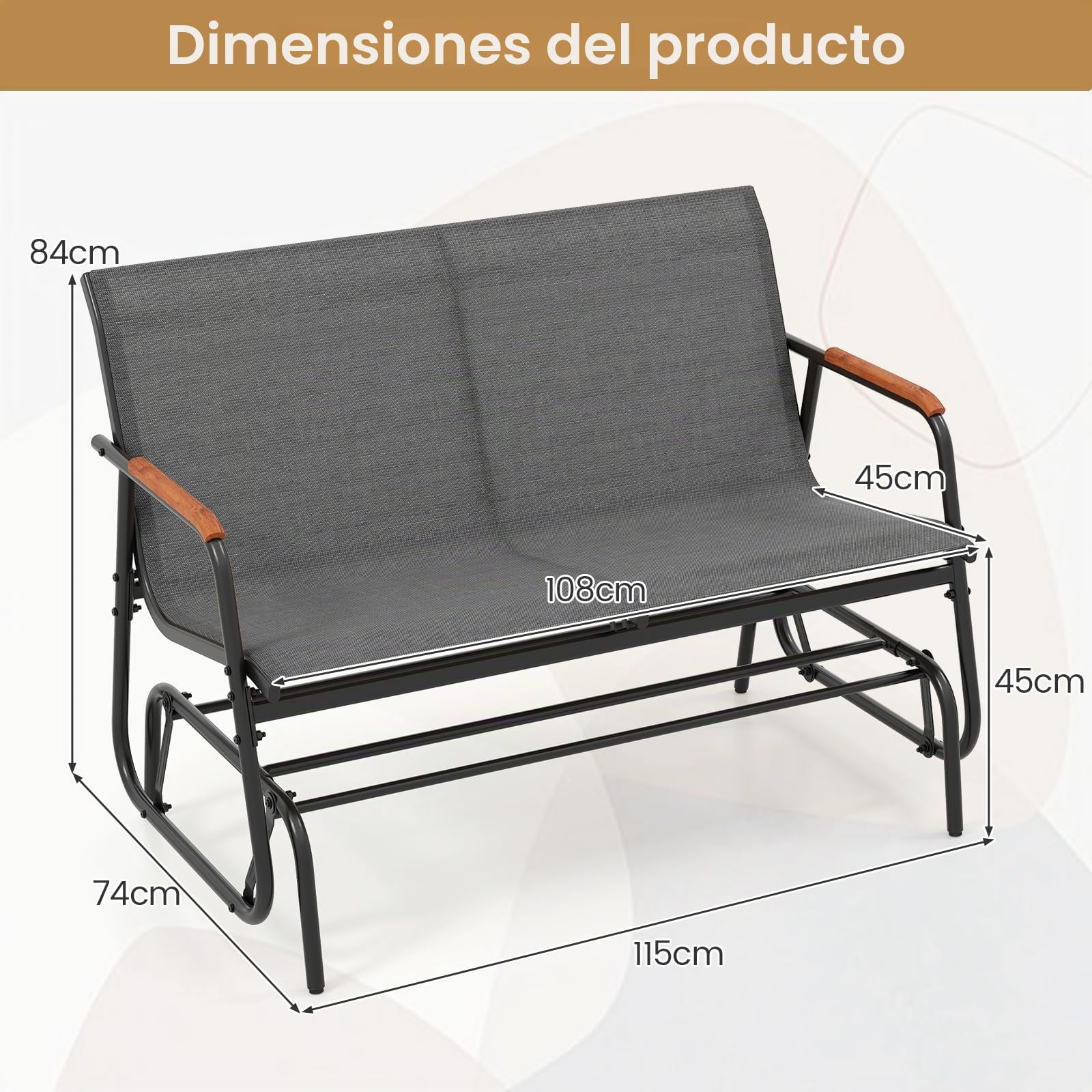 GIANTEX Banco Mecedora de 2 Plazas con Marco Metálico, Tejido Transpirable y Reposabrazos de Teca, Carga hasta 300 kg, Banco Balancín de Exterior para Jardín, Patio, Balcón, 115x74x84cm