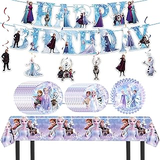 Frozen Birthday Party Supplies, Frozen Birthday Party Decorations, Frozen Decorations Include Plates, Napkins, Happy Birthday Banner, Tablecloth, Hanging Swirls for Girls Boys Party Supplies