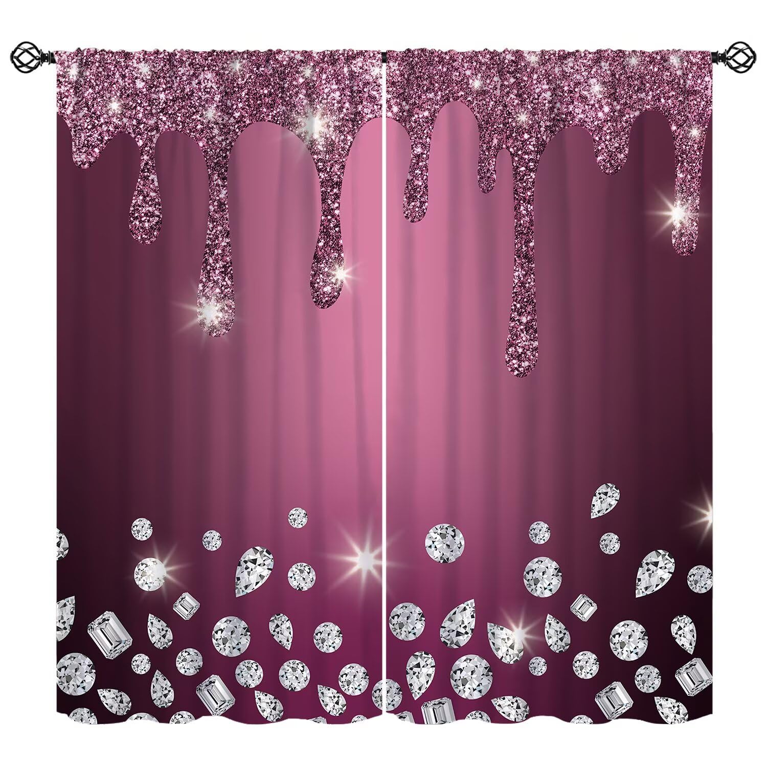 Glitter Diamond Purple Red Curtain Sparkle Shimmer Bling Sparkly Window Treatments Luxury Fuchsia Shiny Drip Modern Window Drapes (No Glitter) for Bedroom Living Room W63xL72in