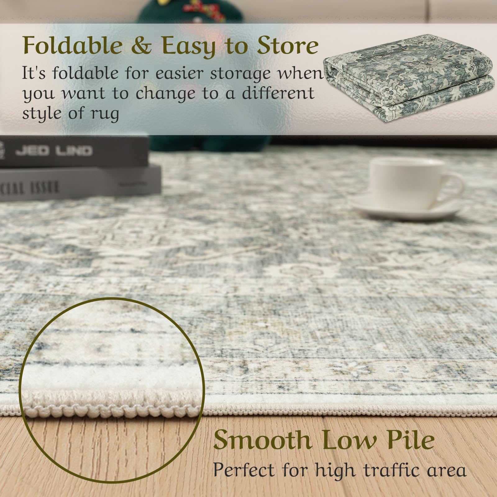 HOMFINE Tappeto Salotto Tappeto Vintage - Tappeto Soggiorno Tappeto Pelo Corto Lavabile Tappeti Salotto Grandi Tappeto Camera da Letto Tappeto Antiscivolo per Sala da Pranzo Verde 160 x 230 cm