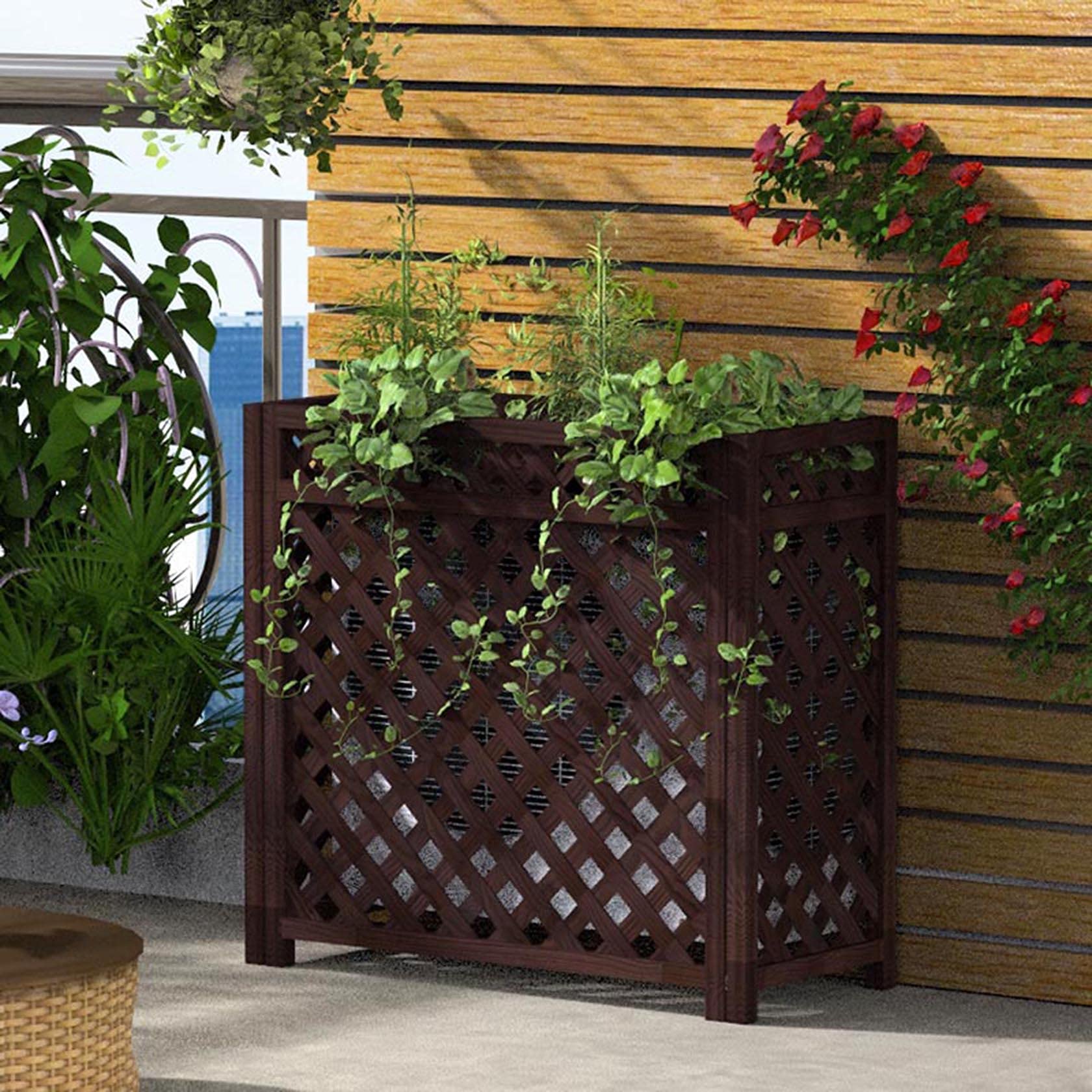 Drewniany stojak na klimatyzator na zewnątrz i osłona z litego drewna schronienie i stojak na kwiaty (dł. 88 cm / dł. 111 cm / dł. 101 cm) stylowa ochrona dla jednostek