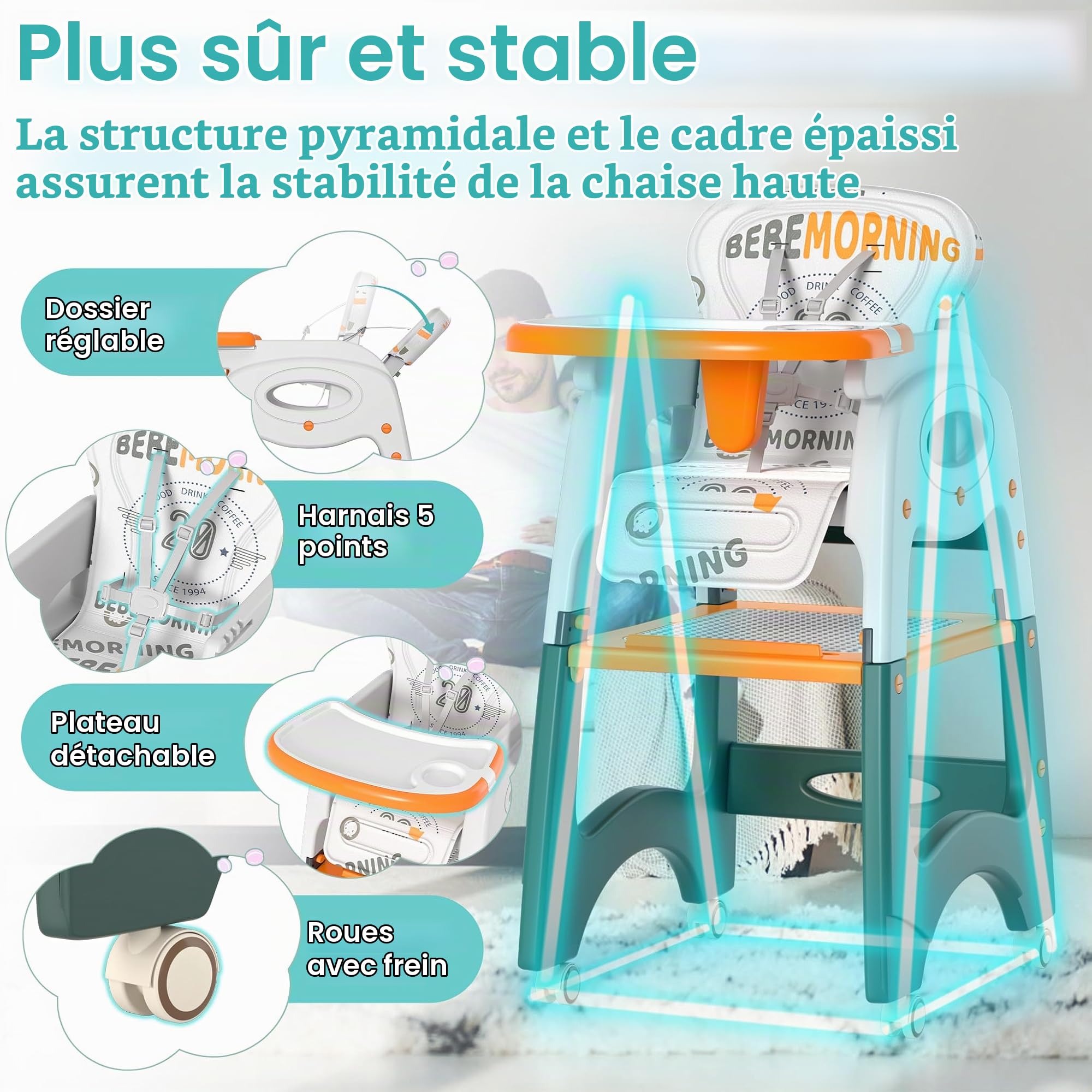 XMTECH Chaise haute pour bébé 6 en 1 pour bébés et tout-petits avec ceinture de sécurité, à partir de 6 mois, chaise de salle à manger, dossier réglable, table d'apprentissage, table et chaises, table