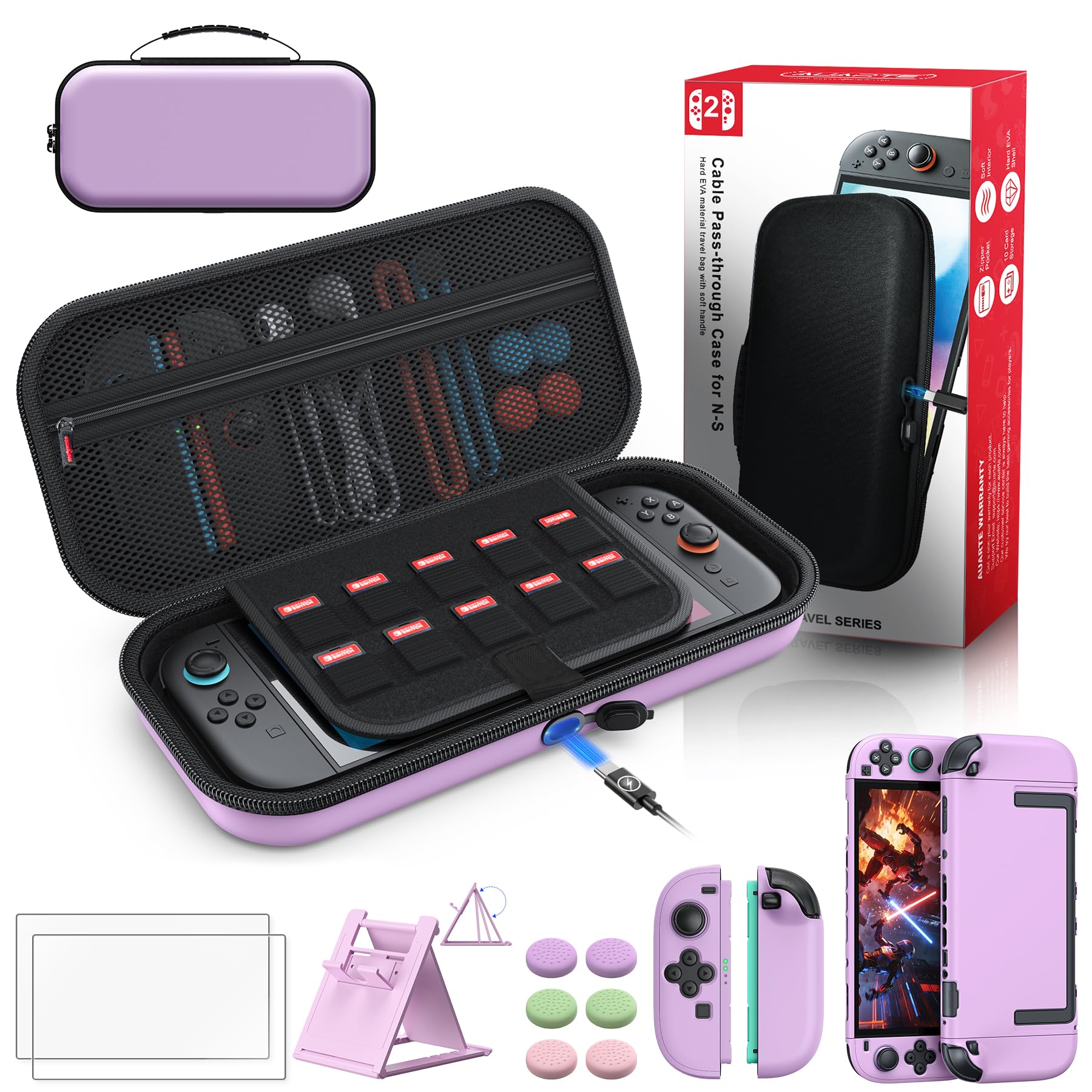 Auarte [Charge Inside Switch 2 Carrying Case for Nintendo Switch 2 | Slim Travel Carry Cases for Switch 2 with Protective Cover Case (Light Purple, for Switch 2, Case Protector 5 in 1 Set) light purple for Switch 2 Case Protector 5 in 1 Set