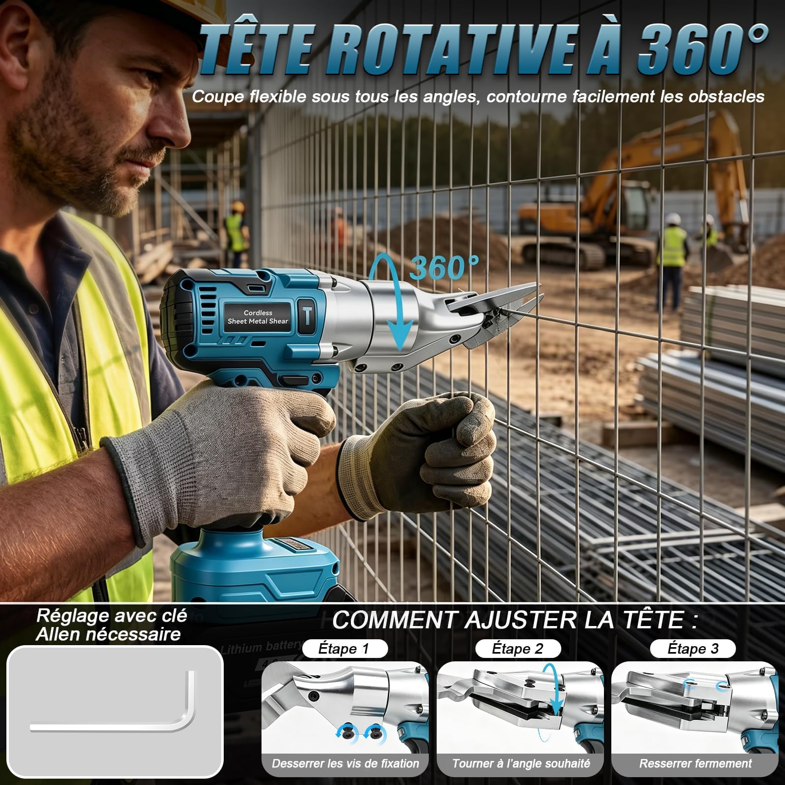 Cizalla a Batería con 2 Baterías 4.0Ah, Cizalla Eléctrica Brushless 800W, Velocidad Variable, Cabezal Giratorio 360°, Tijeras Eléctricas para Acero Inoxidable, Chapa Metálica y Hierro