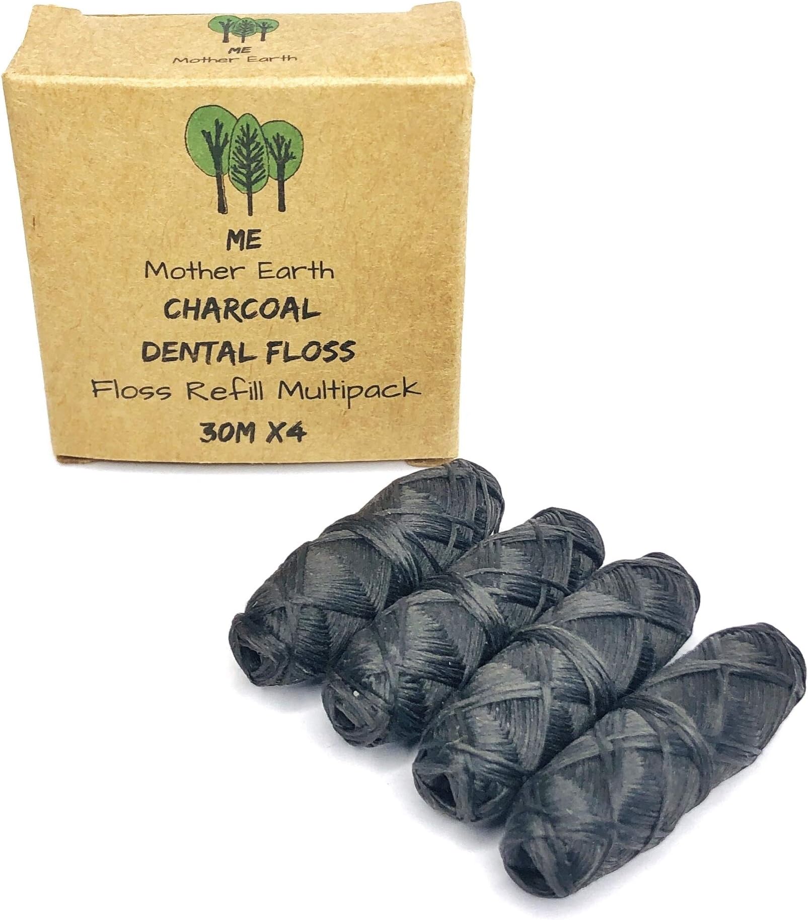 ME MOTHER EARTH Vegan Biodegradable Bamboo Charcoal Dental Floss Refill Refill | Natural Candelilla Wax | 33yds x4 | Peppermint Essential Oil | Eco Friendly Zero Waste Oral Care | 4 Pack