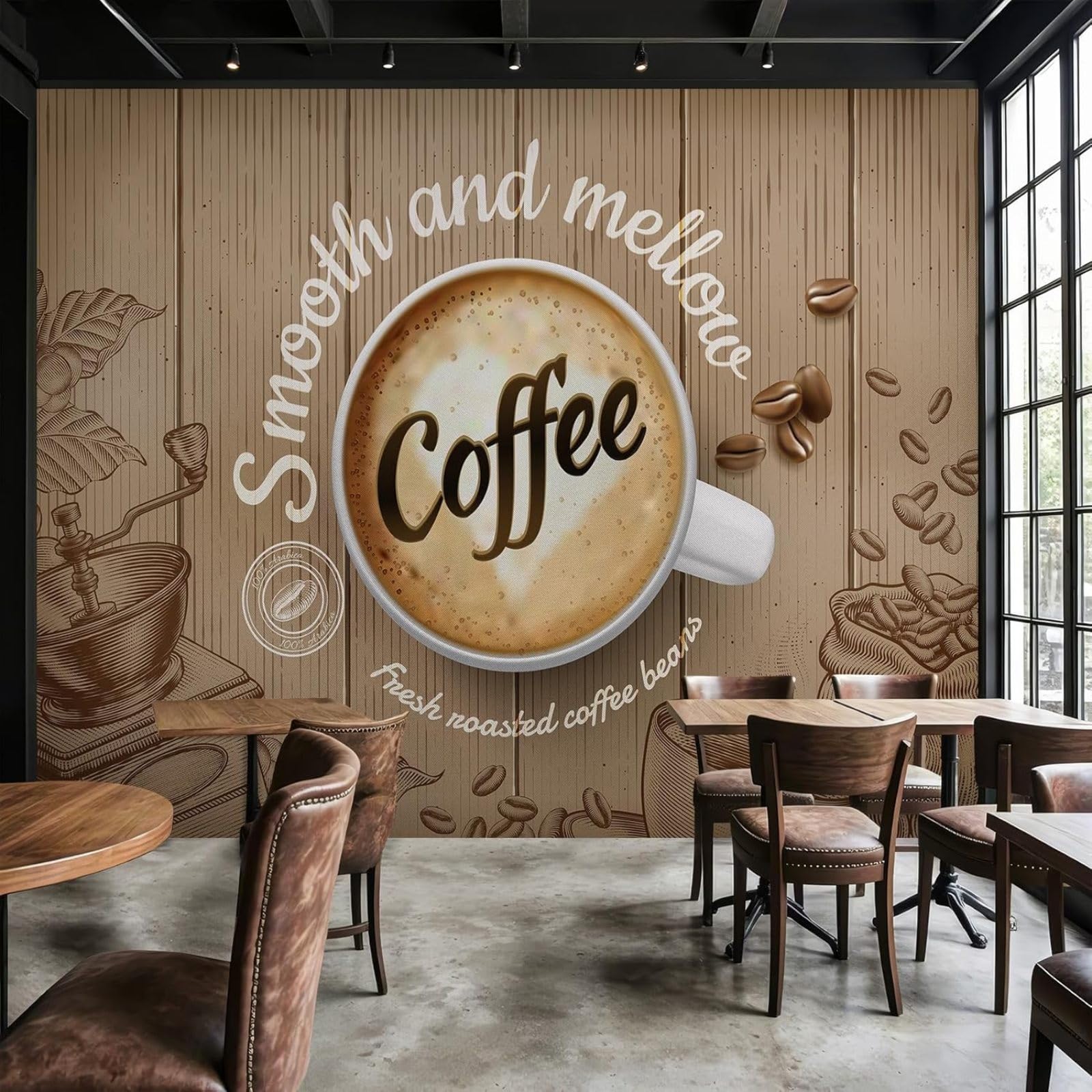 Kfjhgbdshhj 3D Mural Photo Wallpaper Coffee Wood Look Café Style Cup Coffee Beans Hand Mill Non-Woven Modern Living Room Bedroom Wall Decoration Motif Wallpaper,350Cmx256cm Wall Sticker - Background Wall - Painting - Post