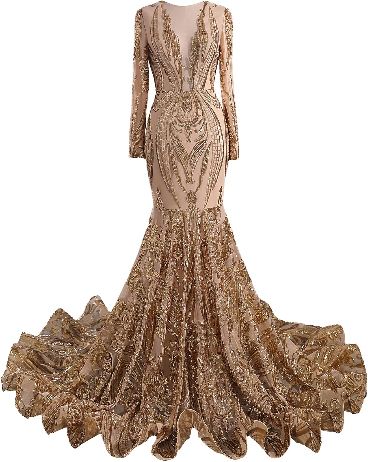 Women's Deep V-Neck Sequins Long Sleeves Mermaid Evening Dress