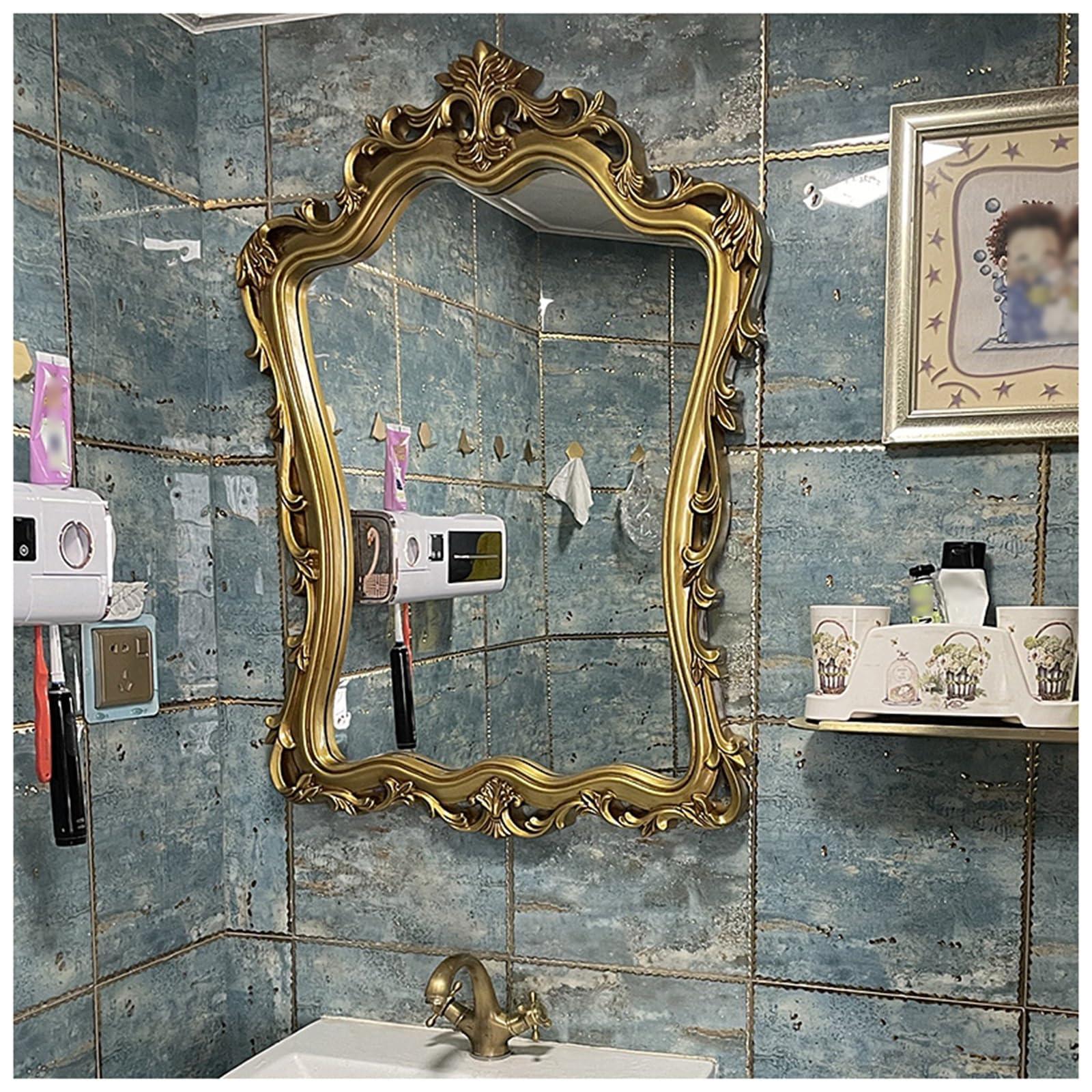Fitlin Retro Wall Mounted Bathroom MirrorCarved Design for Bedroom Living Room & EntranceDecorative Vanity Mirror(A - Gold,95 * 78cm/37.4 * 30.7in)
