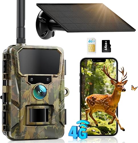 CEYOMUR Trail Camera with 64GB TF Card, 4G LTE Cellular Trail Camera with 5200mAh Battery, 2K HD Live Streaming, Solar Game Cameras with Night Vision Motion Activated Waterproof IP66