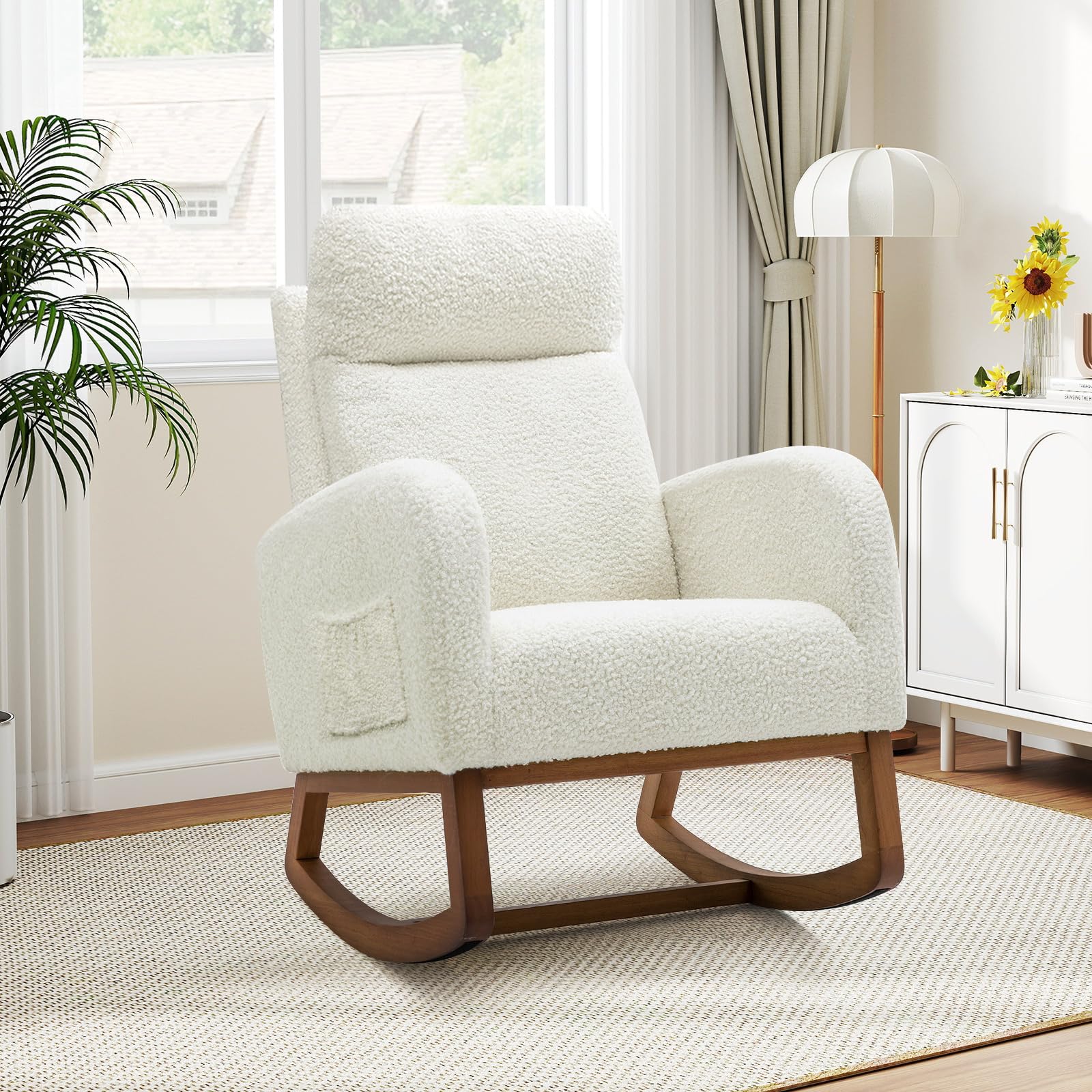 KINFFICT Rocking Chair Nursery, Sherpa Nursing Rocking Chairs, Upholstered Nursery Glider Rocker for Mom Nursery Modern Accent Rocking Chair with Side