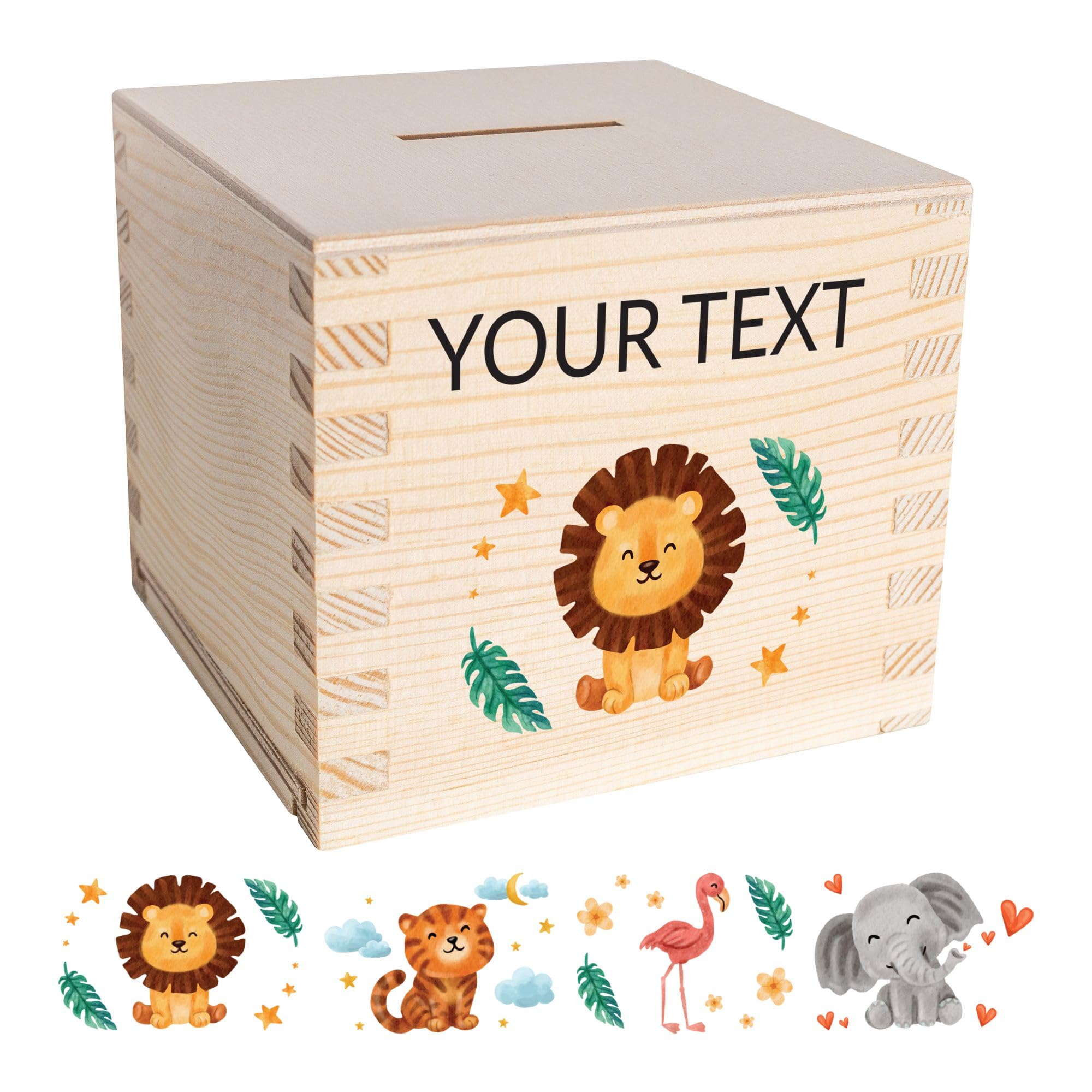 Creative Deco Wooden Money Box Storage Box | Baby Animals | Personalised Piggy Bank Money Box Gift Box | 9.5 x 9.5 x 9 cm (+/- 0.5 cm) | Savings Box Customised Box | Raw Pine Wood