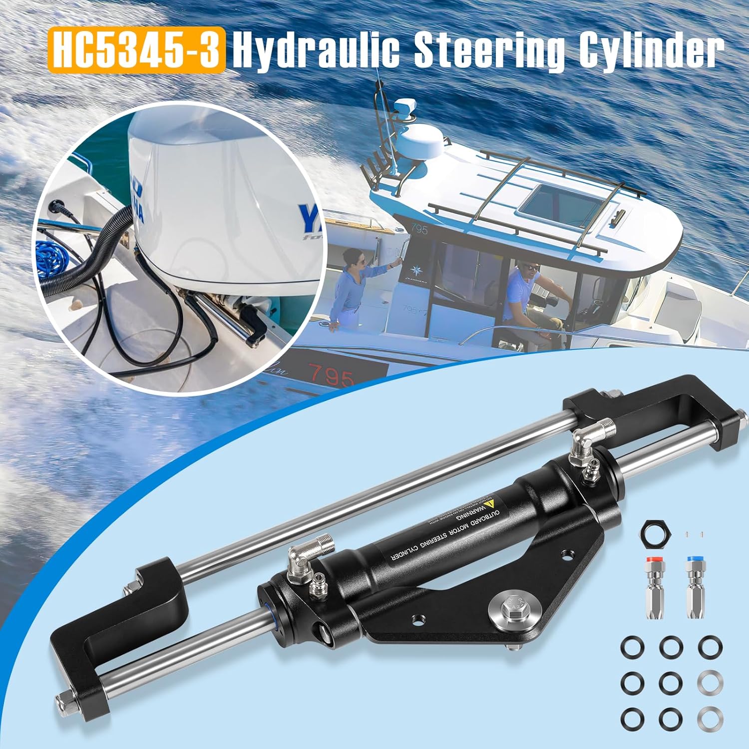 Camoo HC5345-3 Hydraulic Steering Cylinder 300HP Front Mount Helm Replace for Seastar Outboard Steering Cylinder HC5345-3, Max Pressure 10.3MPa/1500PSI with Two-Way Lock Valve and ORB Fittings