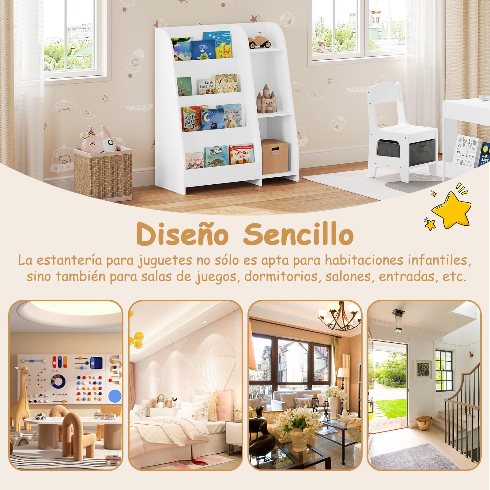 Lestarain Librería Infantil, Divertida Forma Casita, Estantería Libros para Niños con 6 Compartimientos, Organizador de Juguetes con Patas de Madera Maciza, Blanco, 60x30x64,5 cm