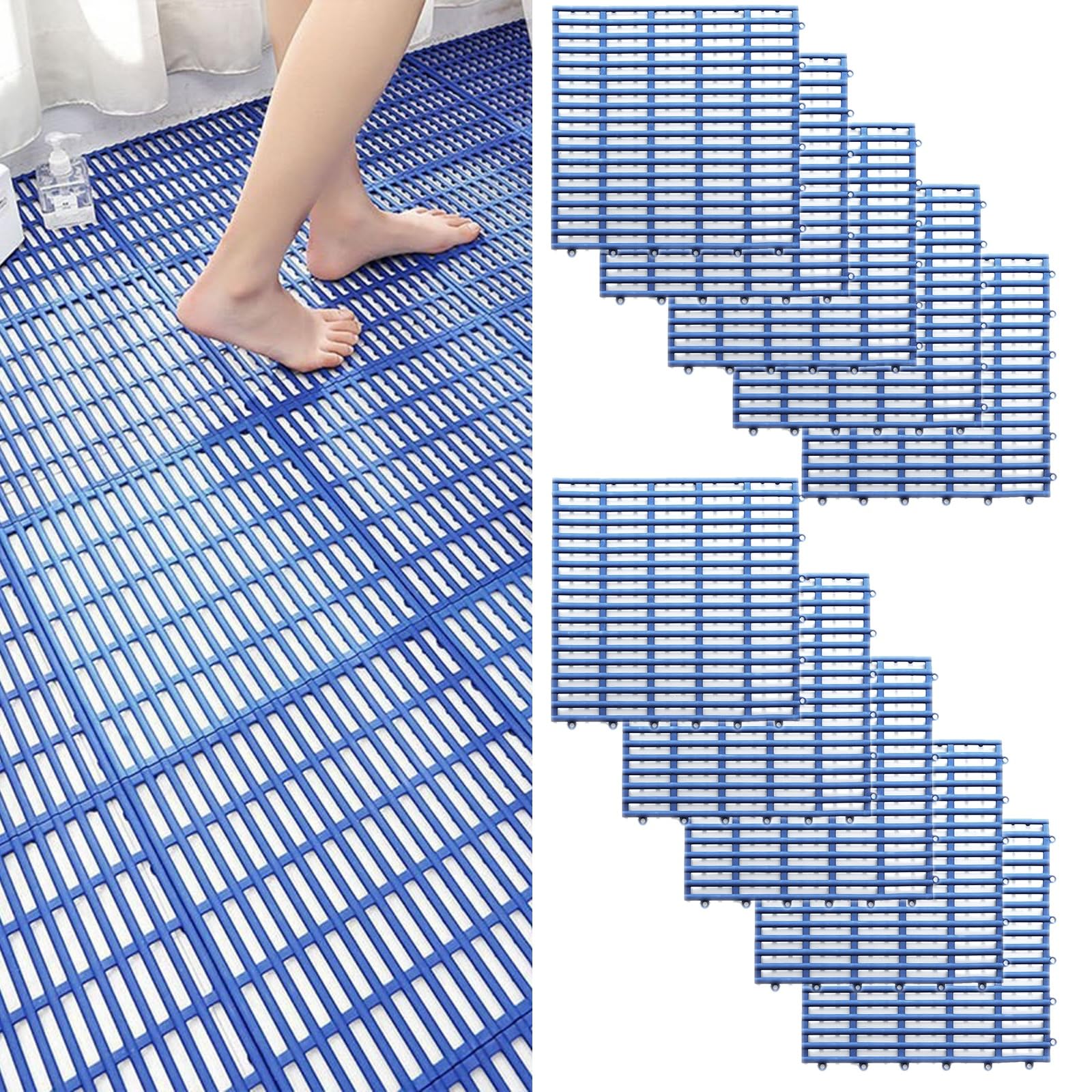 Alfombrilla de Ducha Antideslizante for Personas Mayores, Alfombrilla de baño for pies Cuadrada de TPE Cortada a Medida con Drenaje de Malla de Doble Capa(Blue,10 Pieces)