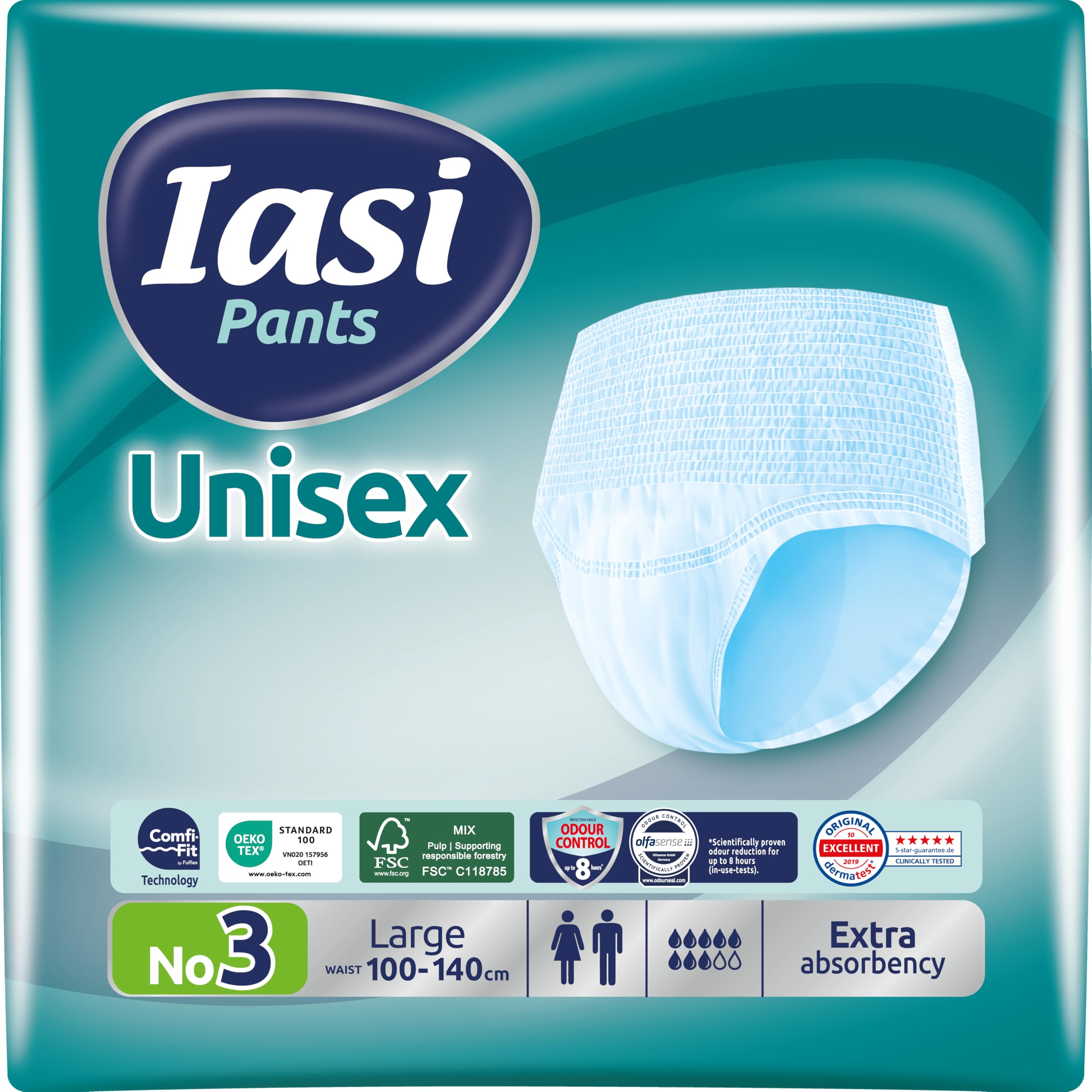 IASI Unisex High Protection Pants, 14 Disposable Absorbent Underpants, Extra Absorbency, Size L, 14 Units