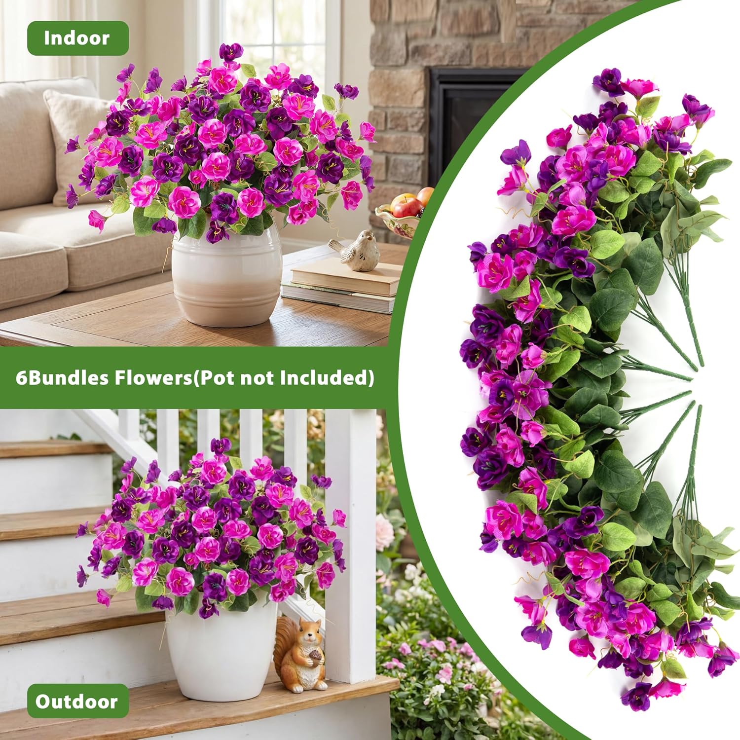 Artificial Flowers for Outdoors, 6 Bundles Silk Fake Hibiscus Flowers for Spring Summer Decoration, UV Resistant Fake Plants Plastic Bouquet for Home Planter Porch Patio Yard Decor(Light Purple Red)