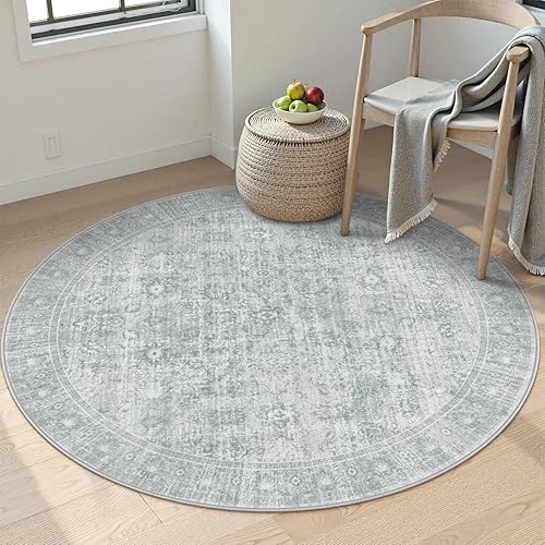 LIVEBOX Alfombra redonda lavable de 4 pies, alfombra tradicional bohemia para dormitorio, alfombra retro ultrafina con estampado gris, alfombra