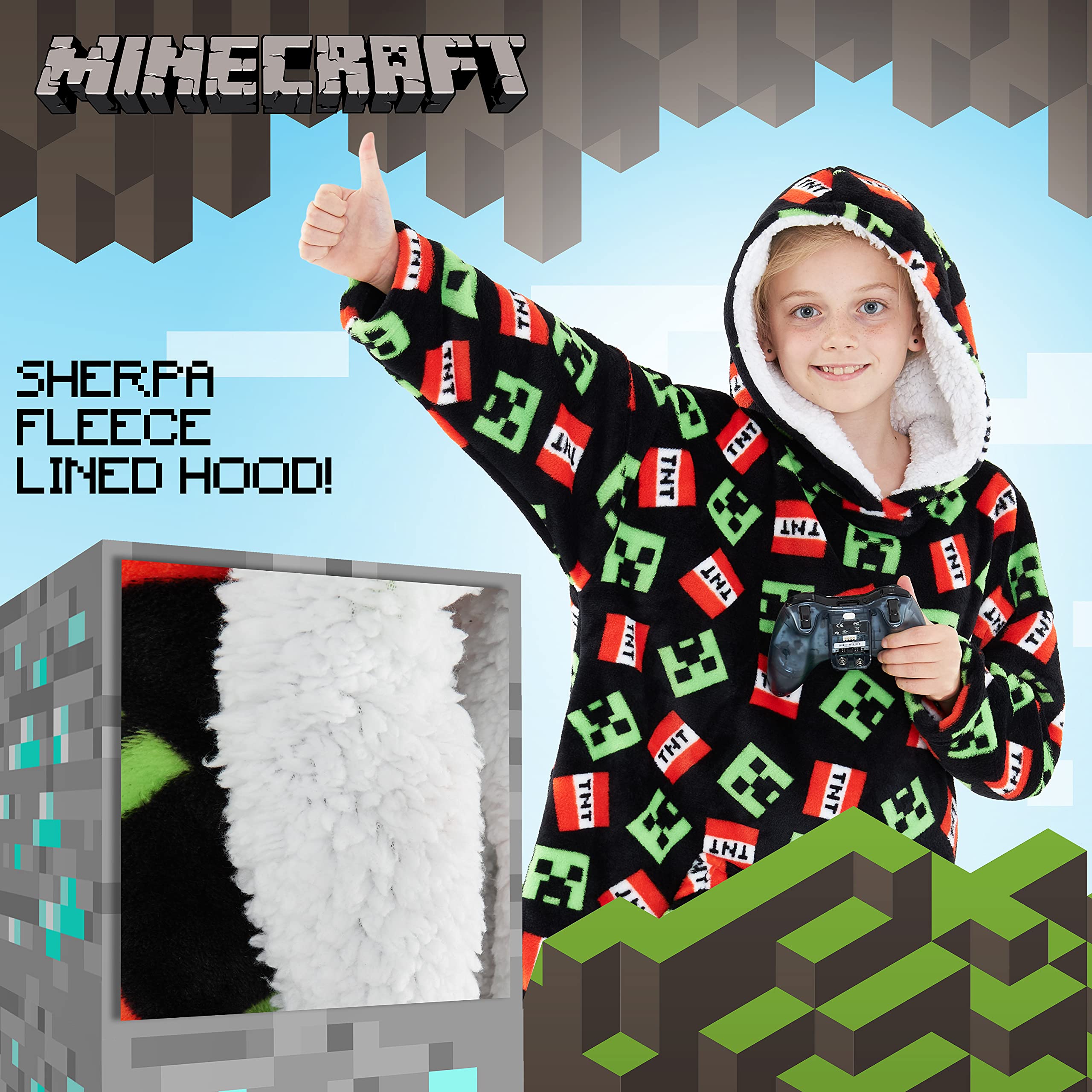 MINECRAFT Felpa Bambino - Coperta Felpa Oversize in Pile con Cappuccio Gadget Regalo Originale (Multicolore)