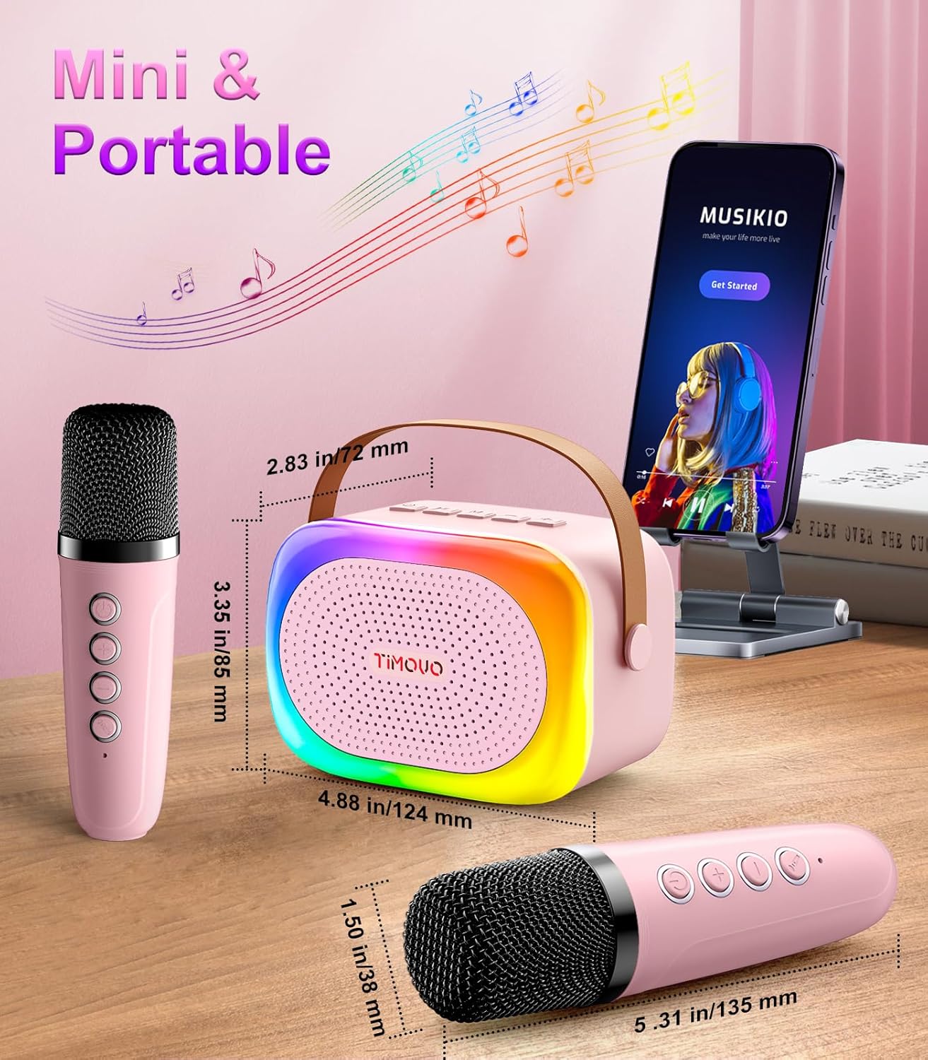 TiMOVO Mini Karaoke Machine, Portable Bluetooth Speaker with 2 Wireless Microphones and LED Lights, Birthday Gifts for Family Home Party, Pink - Image 9