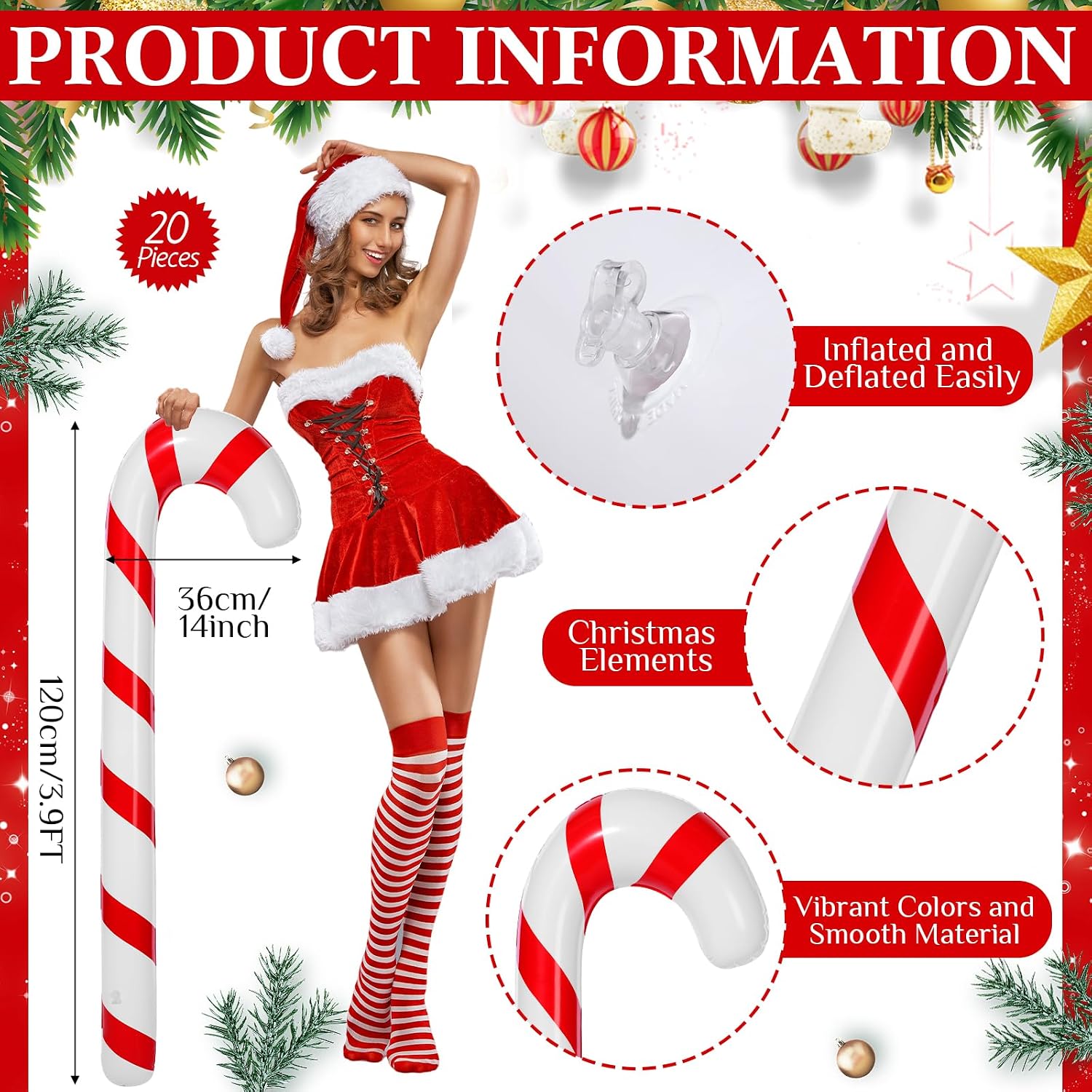 Shappy 20 Pcs 48 Inch Inflatable Candy Canes Balloons for Christmas Decorations Inflatable Jumbo Candy Cane Sticks for Outdoor Indoor Lawn Home Xmas Holiday Party(Red, White)
