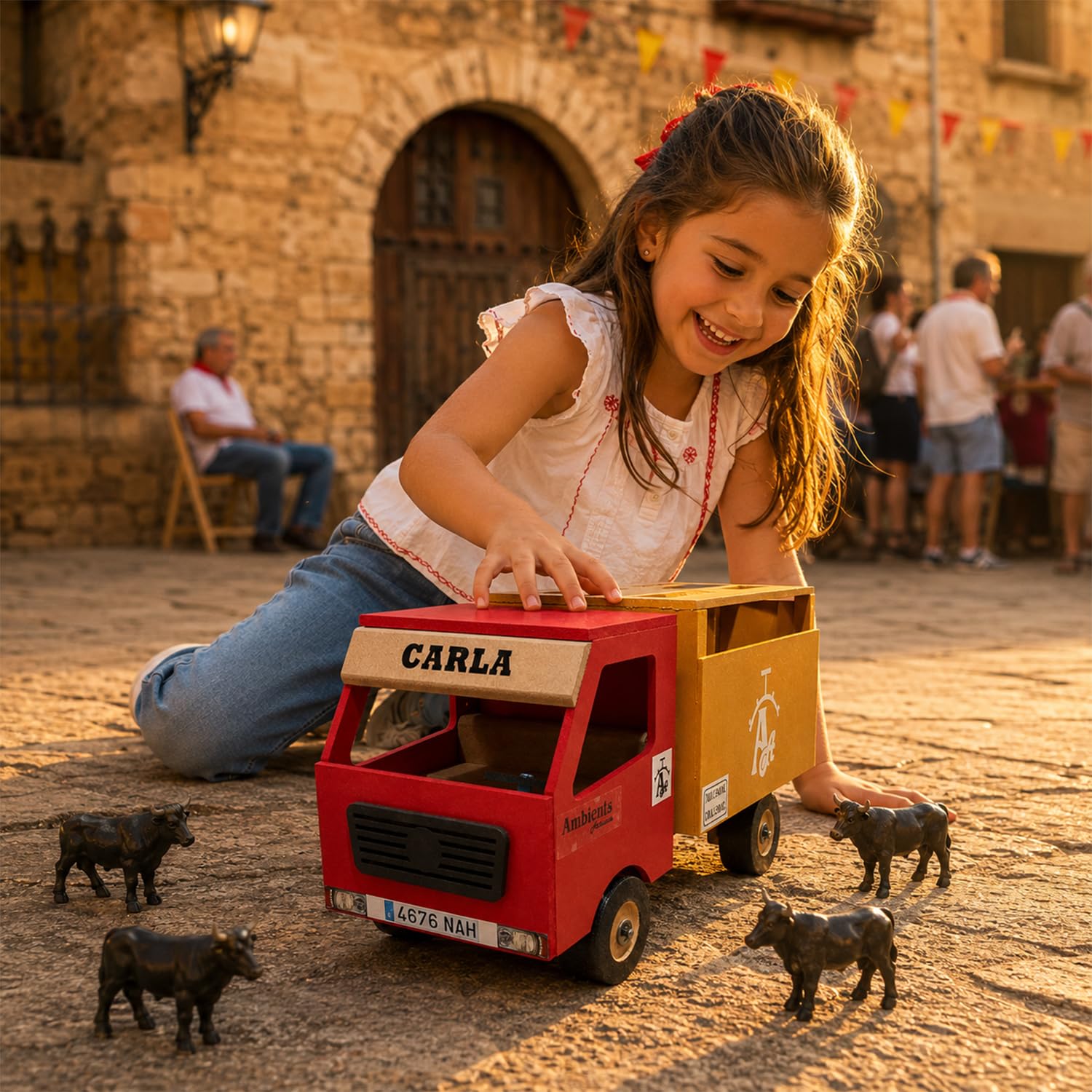 Camión de Toros Personalizable de Juguete, Transporte Taurino Artesanal MDF con Rampa Funcional, Incluye 6 Toritos, Vehículo Tradicional Infantil Decorativo, Regalo Original 30x13x19 cm