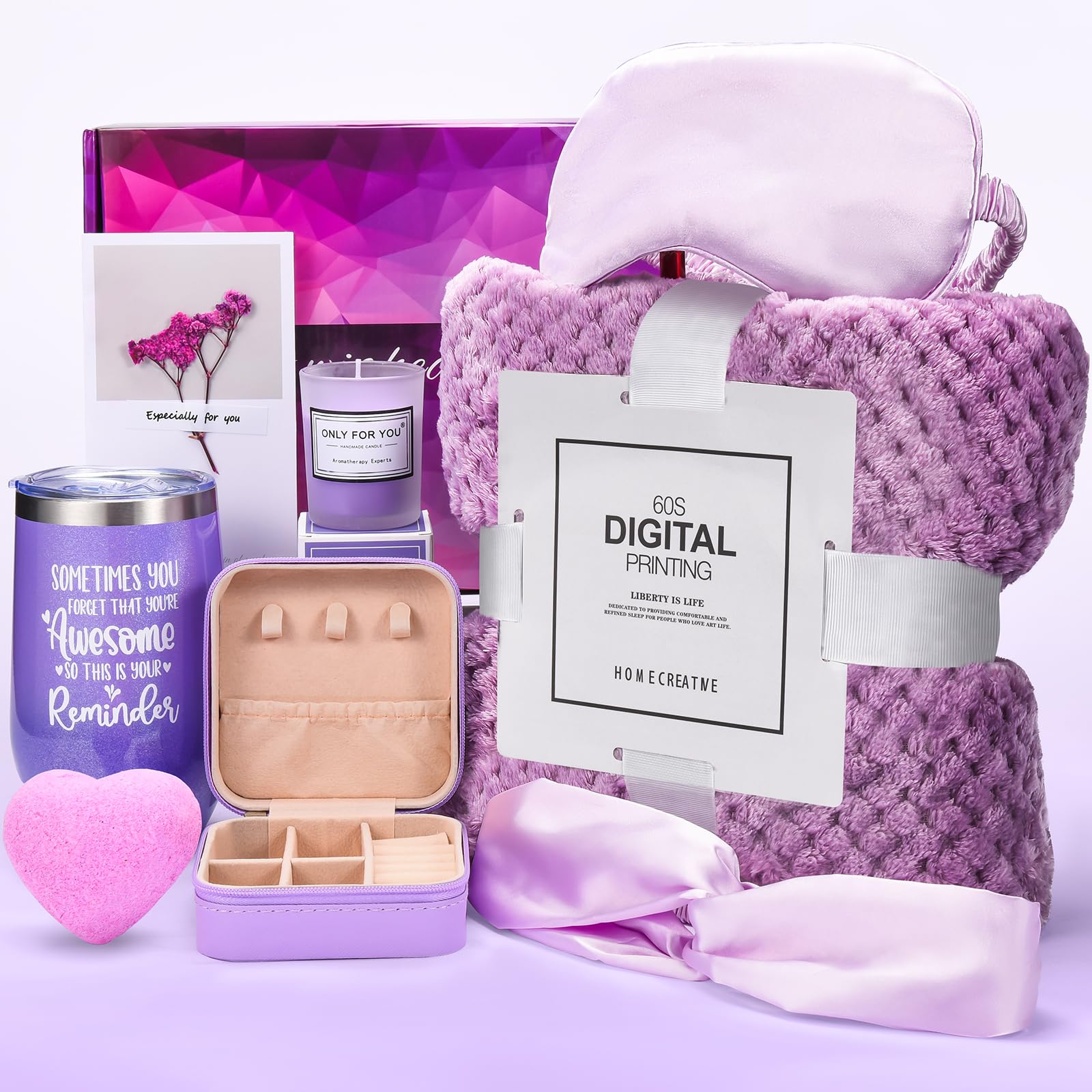 Gifts Basket for Mother's Day Gifts: Romantic Spa Self Care Package with Purple Flannel Blanket,Graduation Gifts for Her - Birthday Gifts for Women Mom, Wife, Girlfriend, Friends, Sister