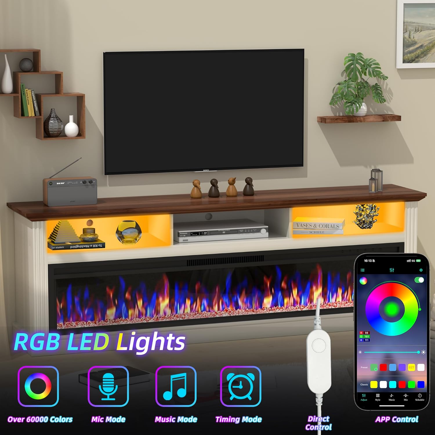 AHB 58" Fireplace TV Stand for TVs Up to 65" with 52" Electric Fireplace,White Entertainment Center with Storage Cabinets,Led Light TV Consoles for Living Room,Farmhouse Media Console Table,Crystals