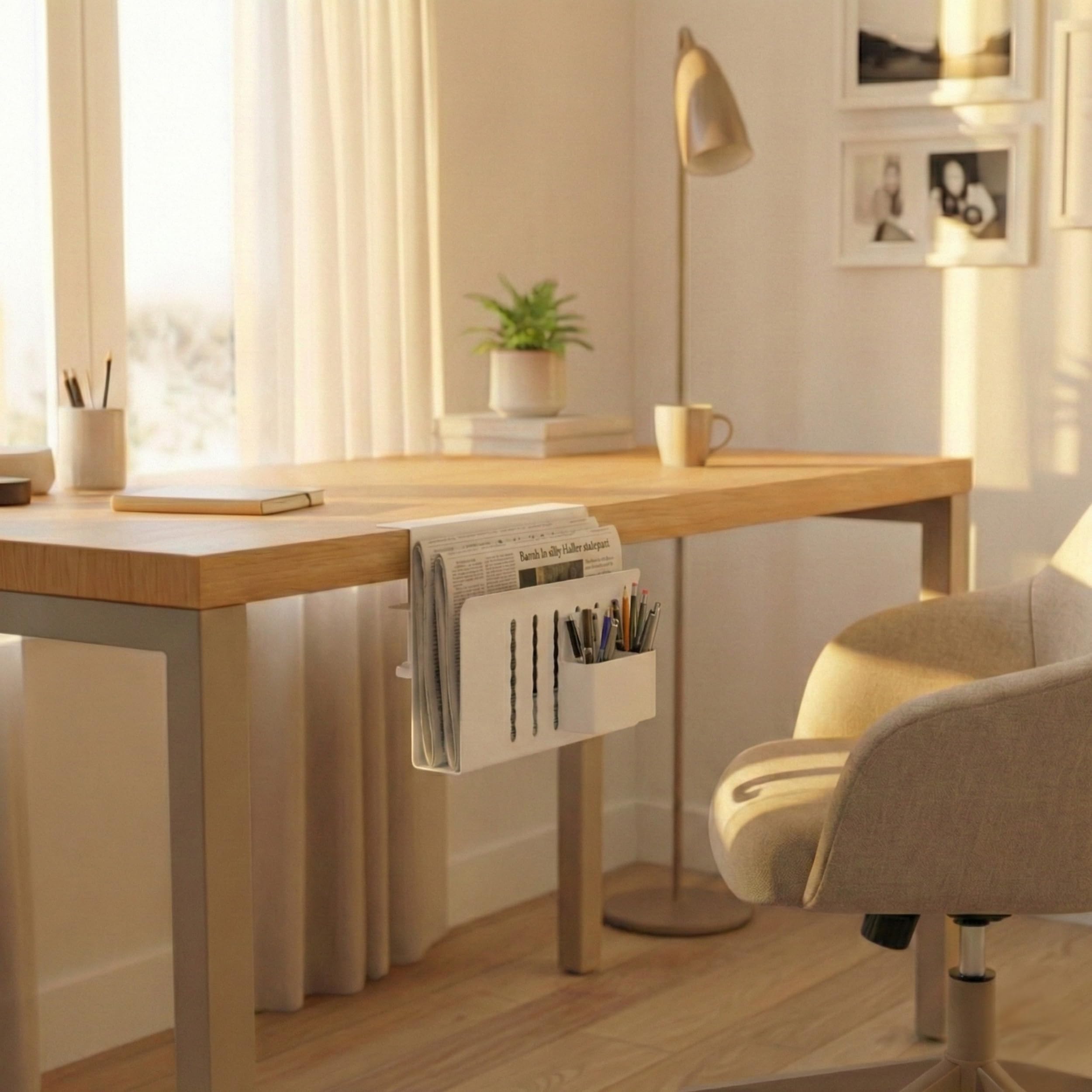 Spacetronik Schreibtisch Seitenaufbewahrung, Desk Side Storage mit Klemme | Ohne Bohren, Laptop Halterung Schreibtisch Seitlich Doppelfach aus Stahl mit Stiftehalter, Weiß, 30x30cm