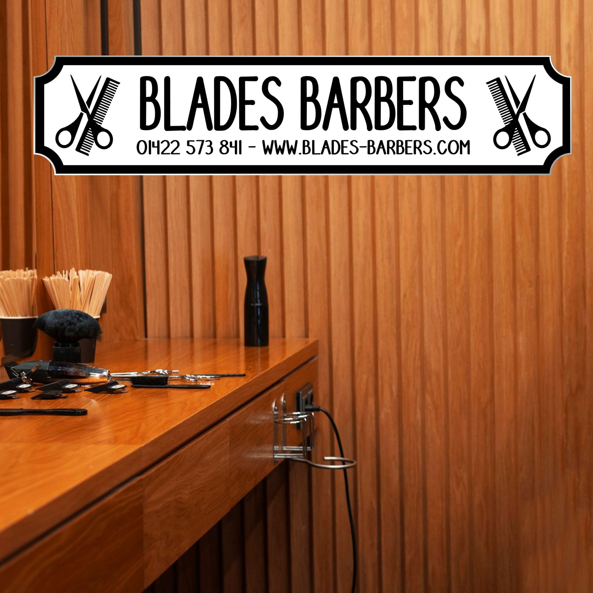 Custom Handmade Business Street Signs - Unique Hairdressers, Barber, Beauty Salon & Aromatherapy Business Name & Details Signs (Barbers - Black, Acrylic - Extra Large 590mm x 130mm)