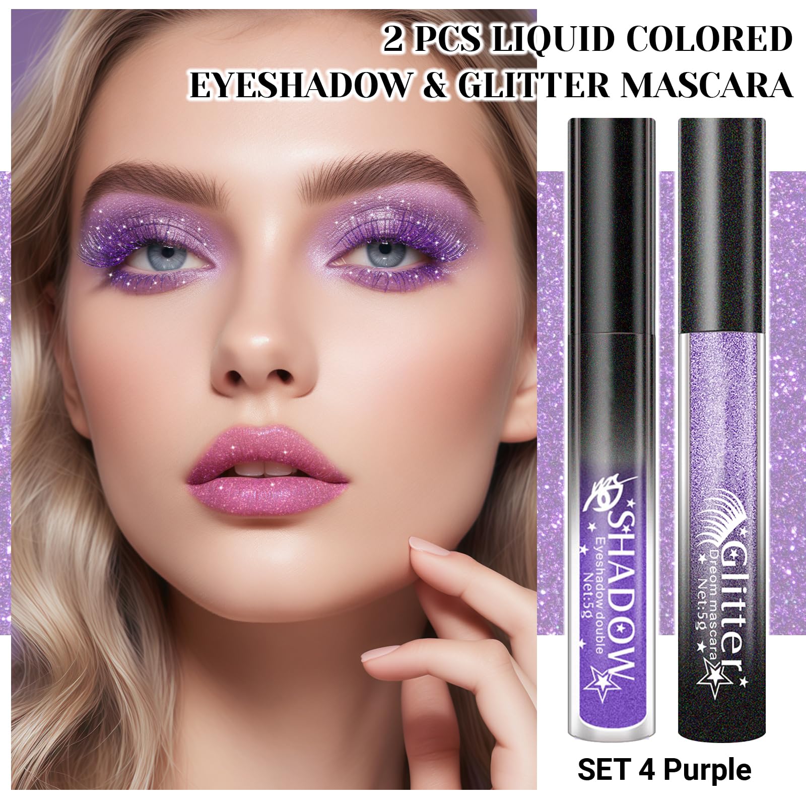 SIYDYRIT 2 Pcs Glitter Mascara & Shimmer Liquid Eyeshadow Set, Long Lasting Waterproof, Shiny Diamond Eye Makeup for Party Dazzling Looks, Metallic Eye Shadow Lipstick Makeup #Set4(Purple+Purple)