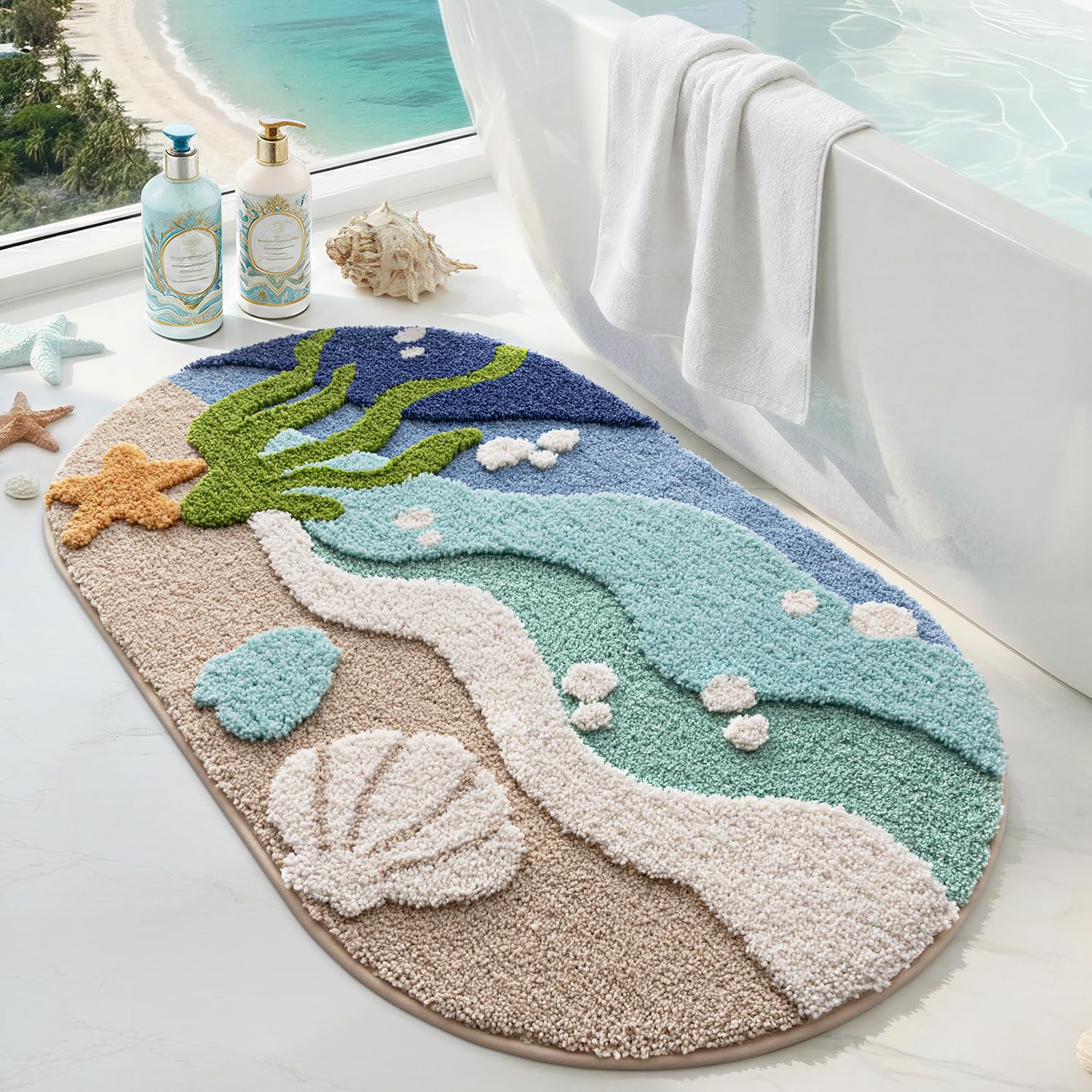 DEXI Oval Bath Mat 61 x 110 cm, Non-Slip Absorbent Bathmat, Washable Rugs for Shower Floor, Bedroom, Bathroom Accessories Decor, Cozy Coast