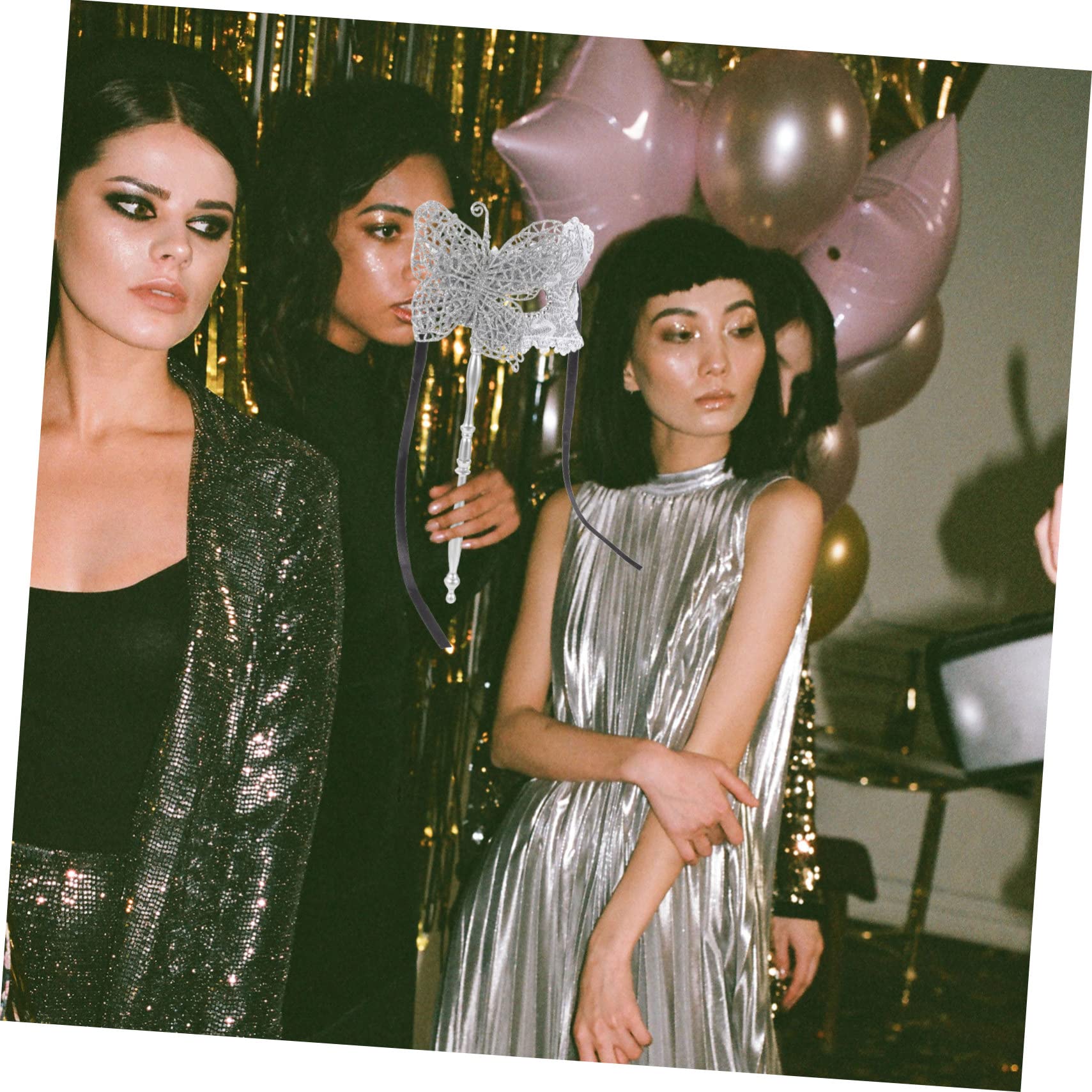 Cabilock Fancy Dress Masquerade Mask with Stick Women's Mardi Gras Masks Silver Color for Night Club Events