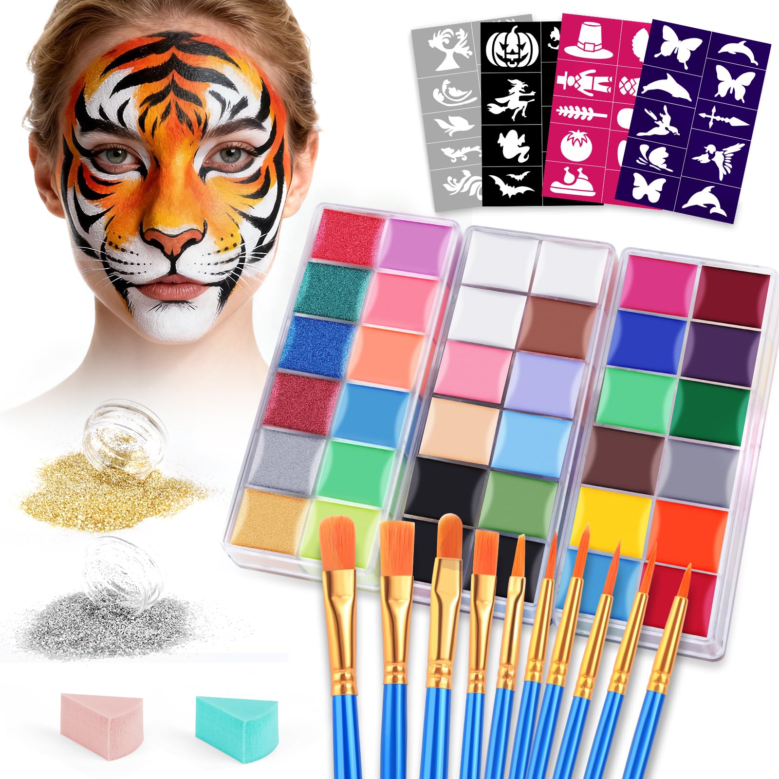 VESPRO Face Painting Kit For Adult Party,32 Colors Professional Oil Face&Body Paint Kit with 10 Brushes 4 Reusable Face Stencils,2 Glitters and 2