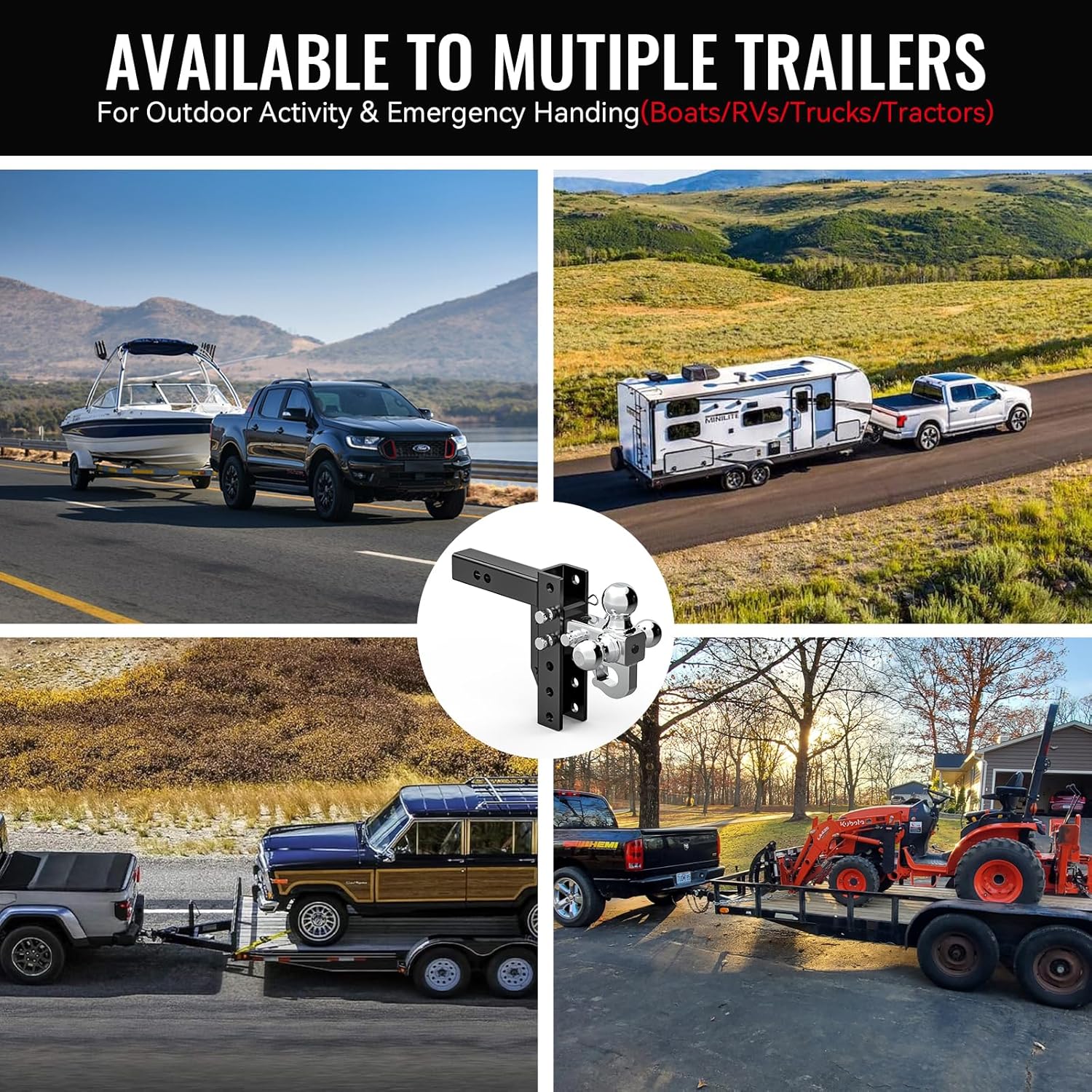 Adjustable Trailer Hitch, 6 Inch Drop/Rise Ball Mount Hitch with 3 Ball hitches and a Hook, Alloy Steel Drop Hitch Fits 2-Inch Receiver, 18,500 LBS GTW-Drop Hitch Ball Mount for Heavy Duty Truck