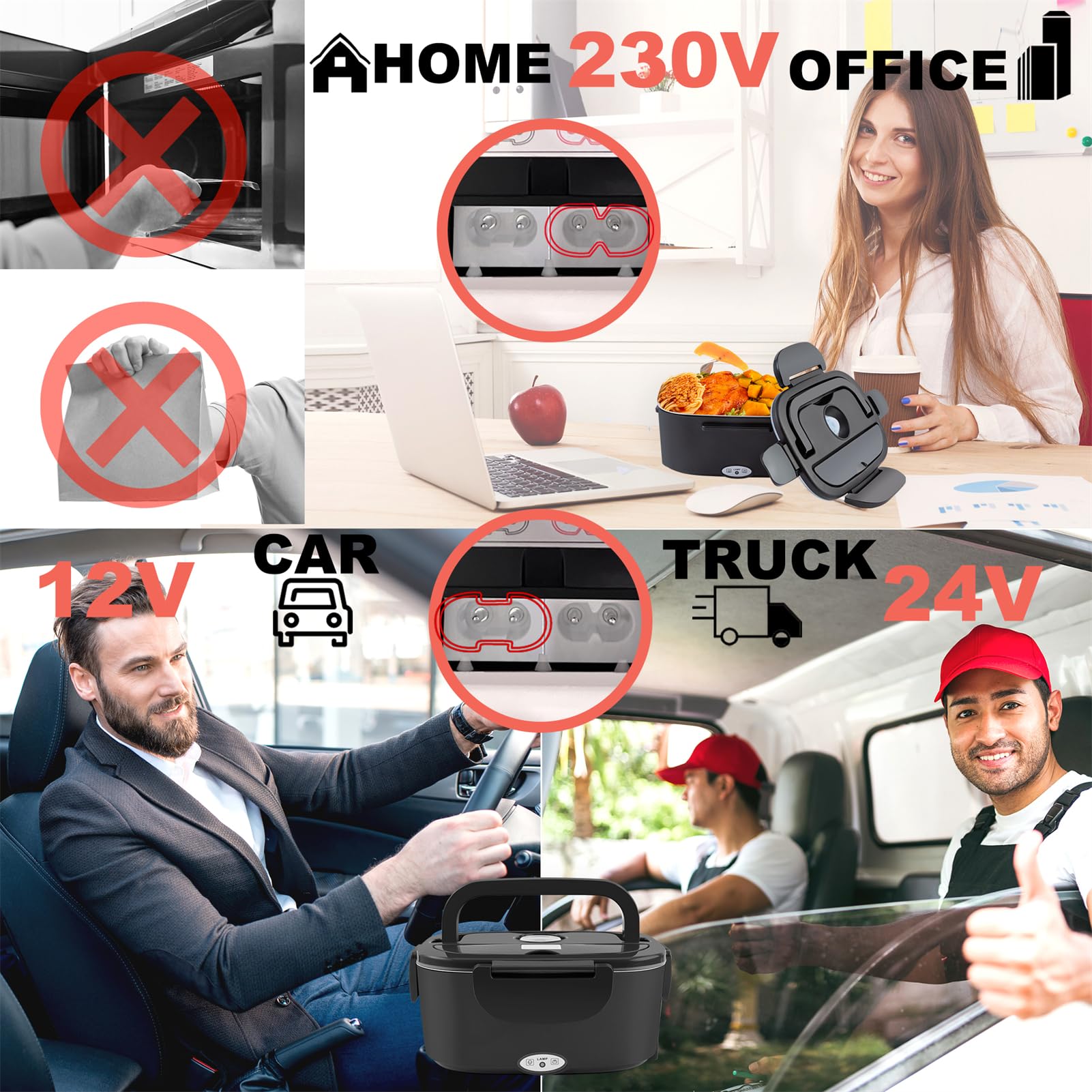 Nifogo Gamelle Chauffante 100W pour Voiture et Camion et Bureau Lunch Box Électrique 3 en 1 Acier Inoxidable 12V 24V et 230V - Boîte à Repas 1,5Lx2 avec Gris Sacs Isolants(Noir)