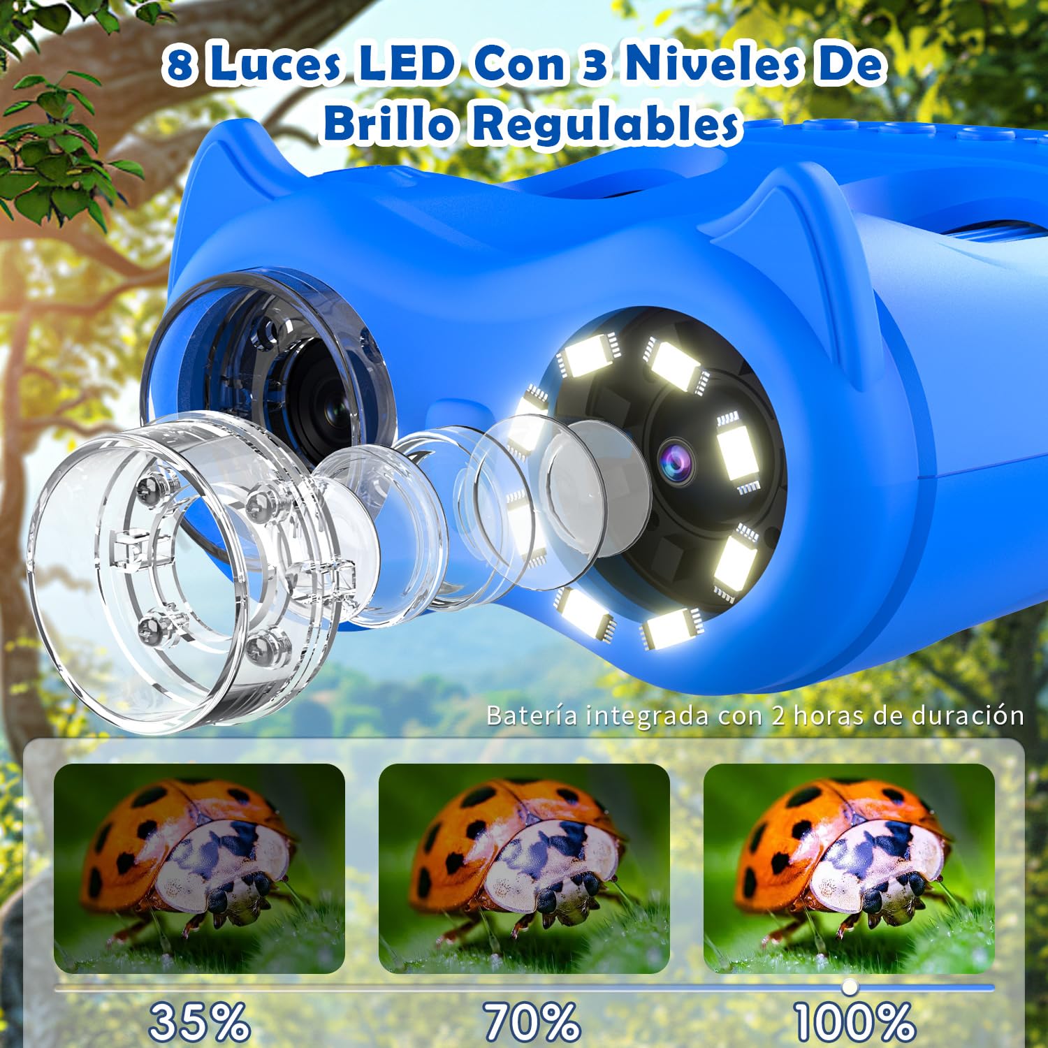 Microscopio para Niños 2 en 1 con Prismáticos, Pantalla IPS HD de 2,0", Aumento 1000x, 8 Luces LED, Resolución 1080P, Juguete de Naturaleza para Niños y Niñas +3 Años, Azul Claro