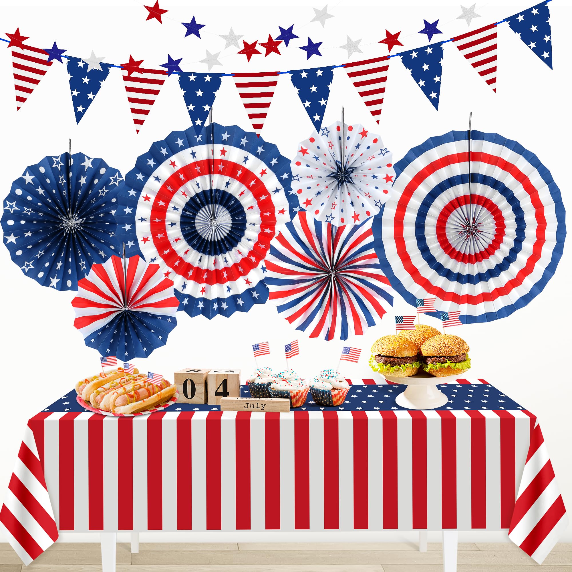 HOOSUN Patriotic Red White and Blue Decorations Set,9 Pcs Red White and Blue Paper Fans,USA Pennant Bunting,Star Streamers,Patriotic Tablecloth for Veterans Day Decorations Party Supplies