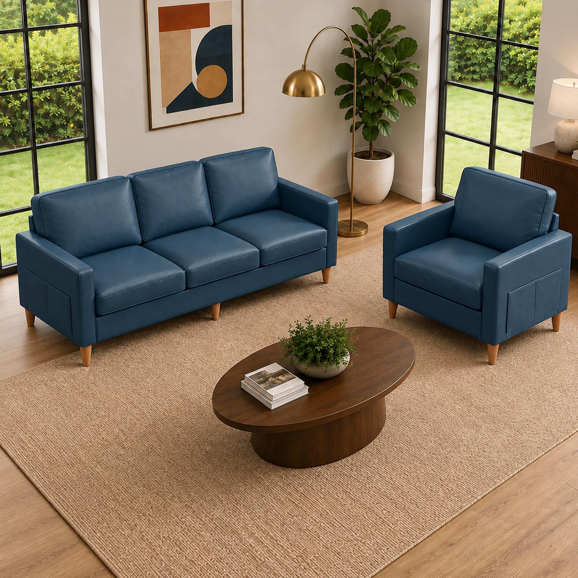 Kingfun Couch Set for Living Room, 3 Seater Faux Leather Sofa and Armchair