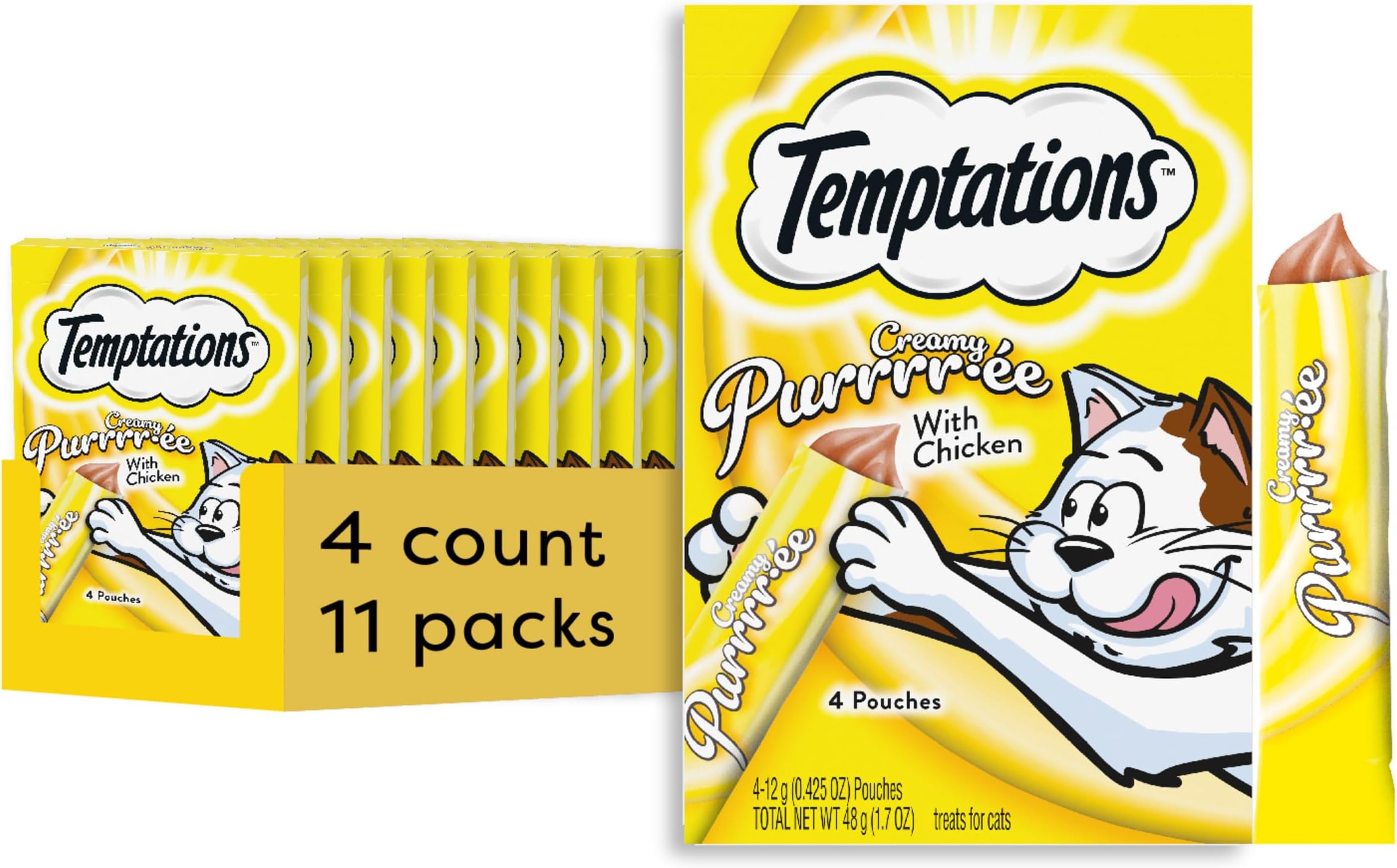 Temptations Creamy Puree with Chicken, Lickable Cat Treats, 0.42oz Pouches, 4 Count (Pack of 11) - Total 44 Count