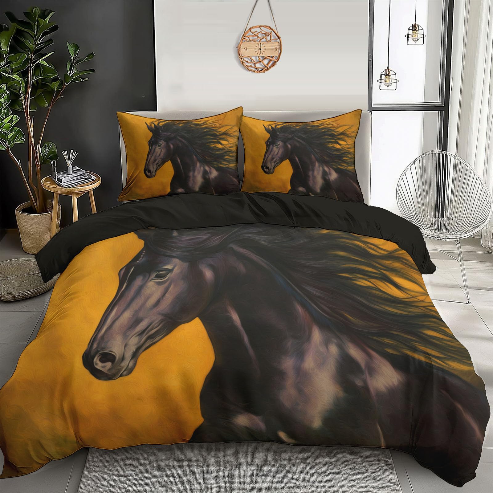 Parure de lit adulte cheval noir 140x200 cm avec housse de couette en microfibre