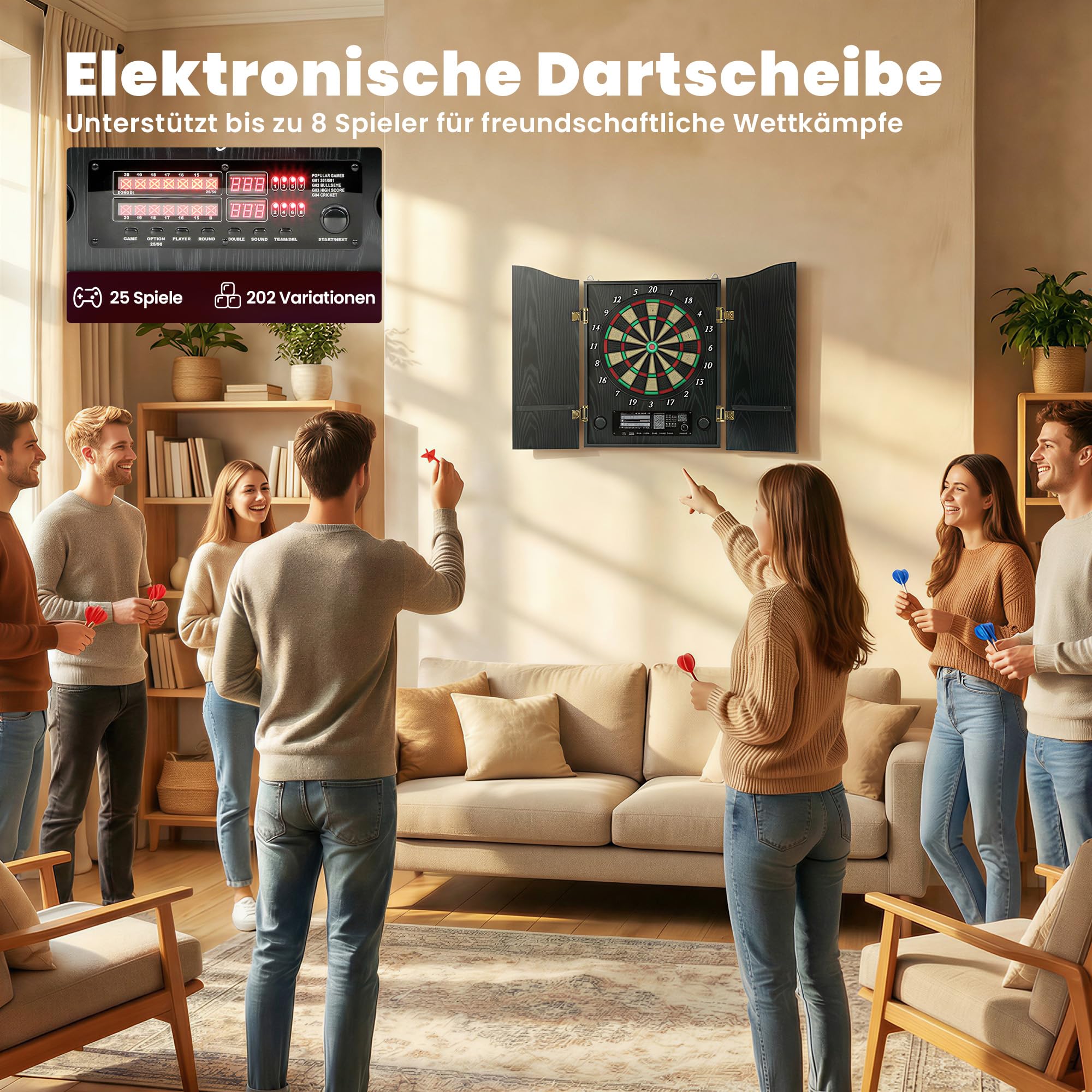SPORTNOW Cible de fléchettes électronique E avec armoire, affichage LED, annonces vocales, 6 fléchettes souples, 25 jeux