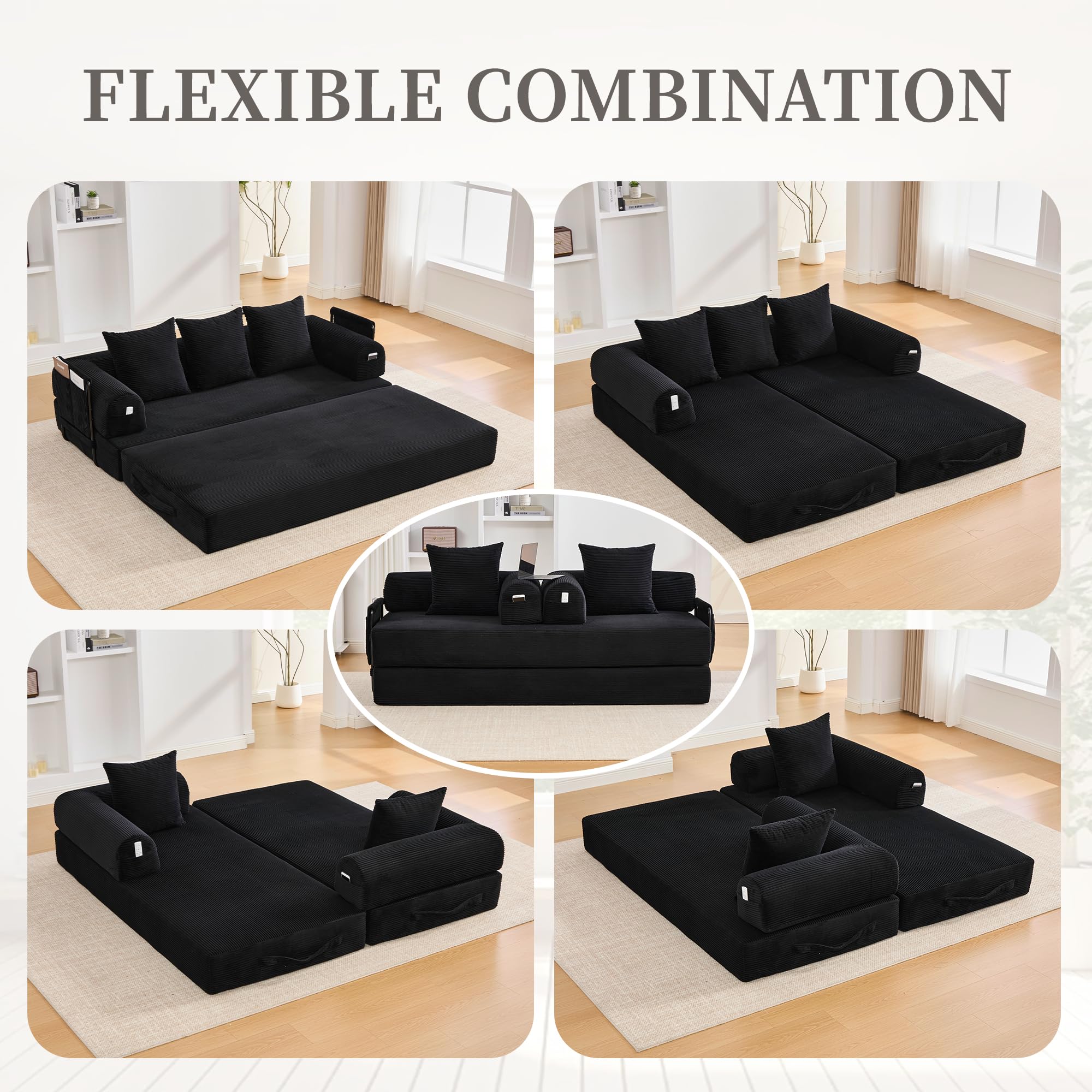 Sofa Cama Plegable Modular 3 Plazas de 200 cm, Sofá Cama con 3 Cojines y Estructura Metálica, Sofa 3 Plazas con Bolsillo Lateral, Sofás Comprimidos Boneless Couch, Pana, 200x94x67 cm, Negro