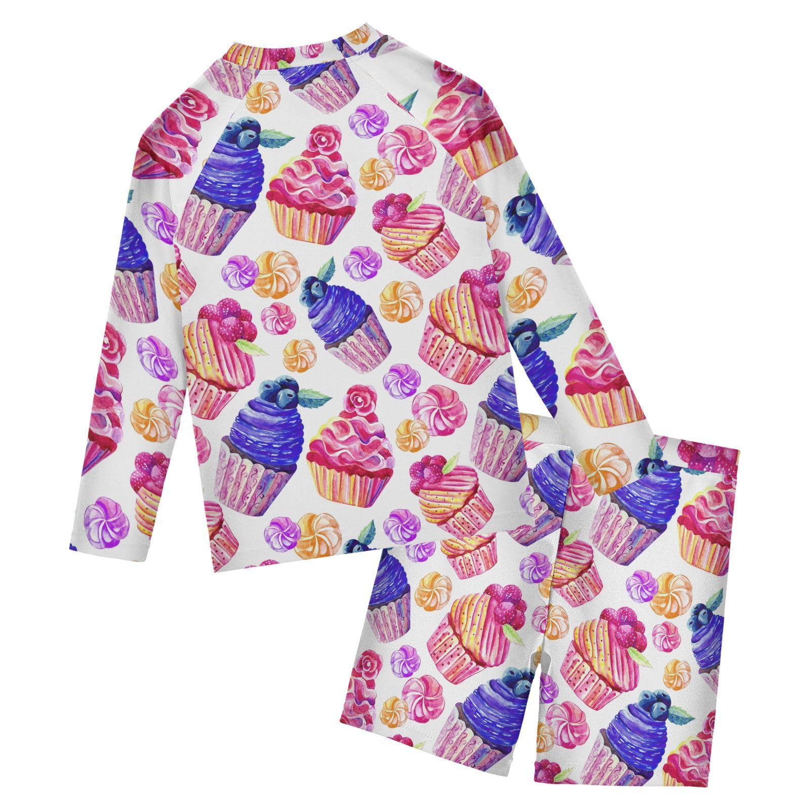 Aflyko Kids' Bathing Suit Set Cupcake Fun Long Sleeve Swim Tops with Shorts Summer Vacation Pool Party Rashguard Fun Cute Infant Beachwear, 4T Multicoloured