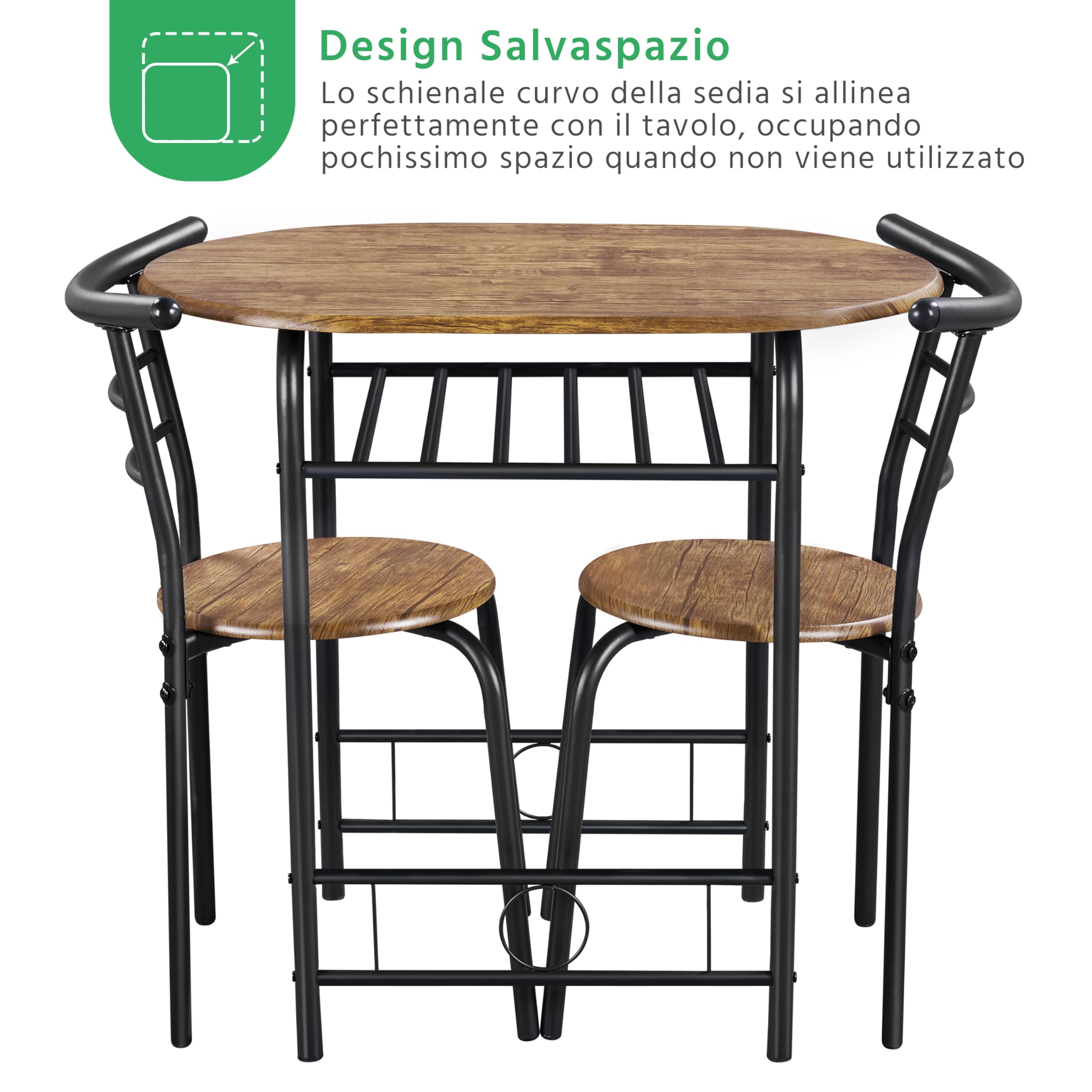 Yaheetech Set Mobili da Bar Tavolo e 2 Sedie Sala da Pranzo Cucina Piccoli Spazi Salvaspazio Balcone per 2 Persone in Legno e Metallo Sedia Portata 136 kg Marrone Retro